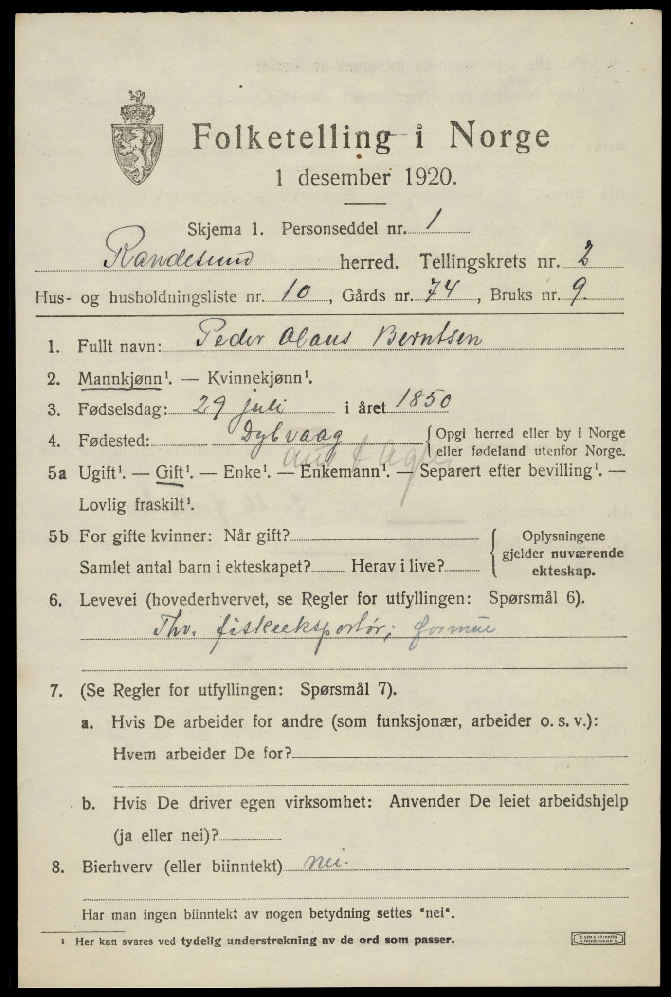 SAK, Folketelling 1920 for 1011 Randesund herred, 1920, s. 1174
