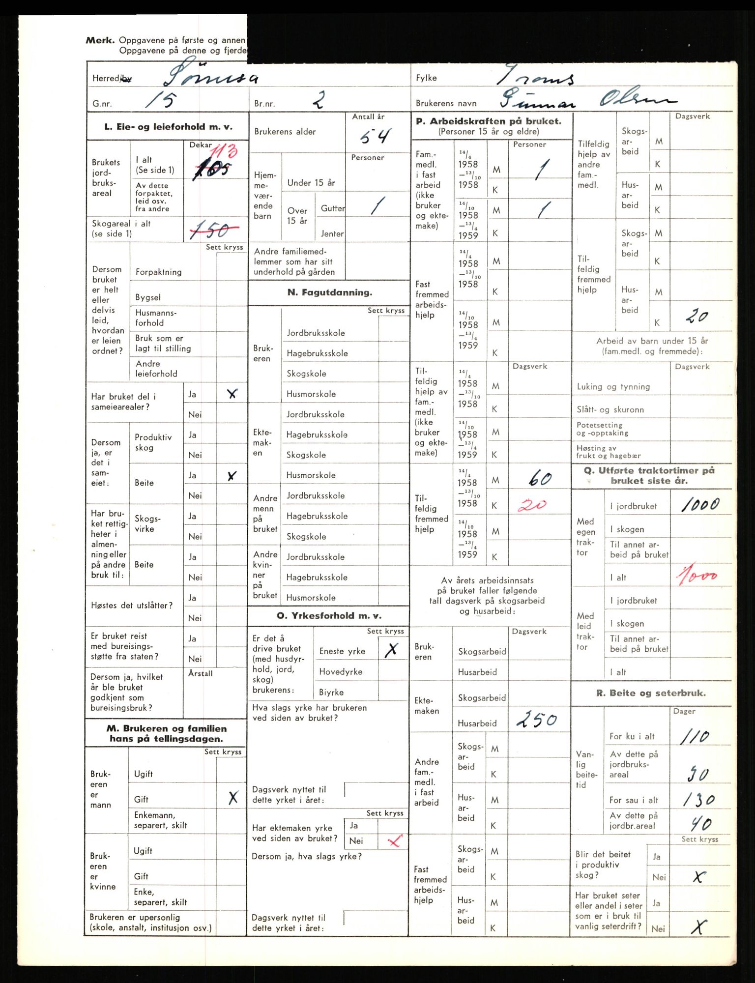 Statistisk sentralbyrå, Næringsøkonomiske emner, Jordbruk, skogbruk, jakt, fiske og fangst, AV/RA-S-2234/G/Gd/L0656: Troms: 1924 Målselv (kl. 0-3) og 1925 Sørreisa, 1959, s. 2155