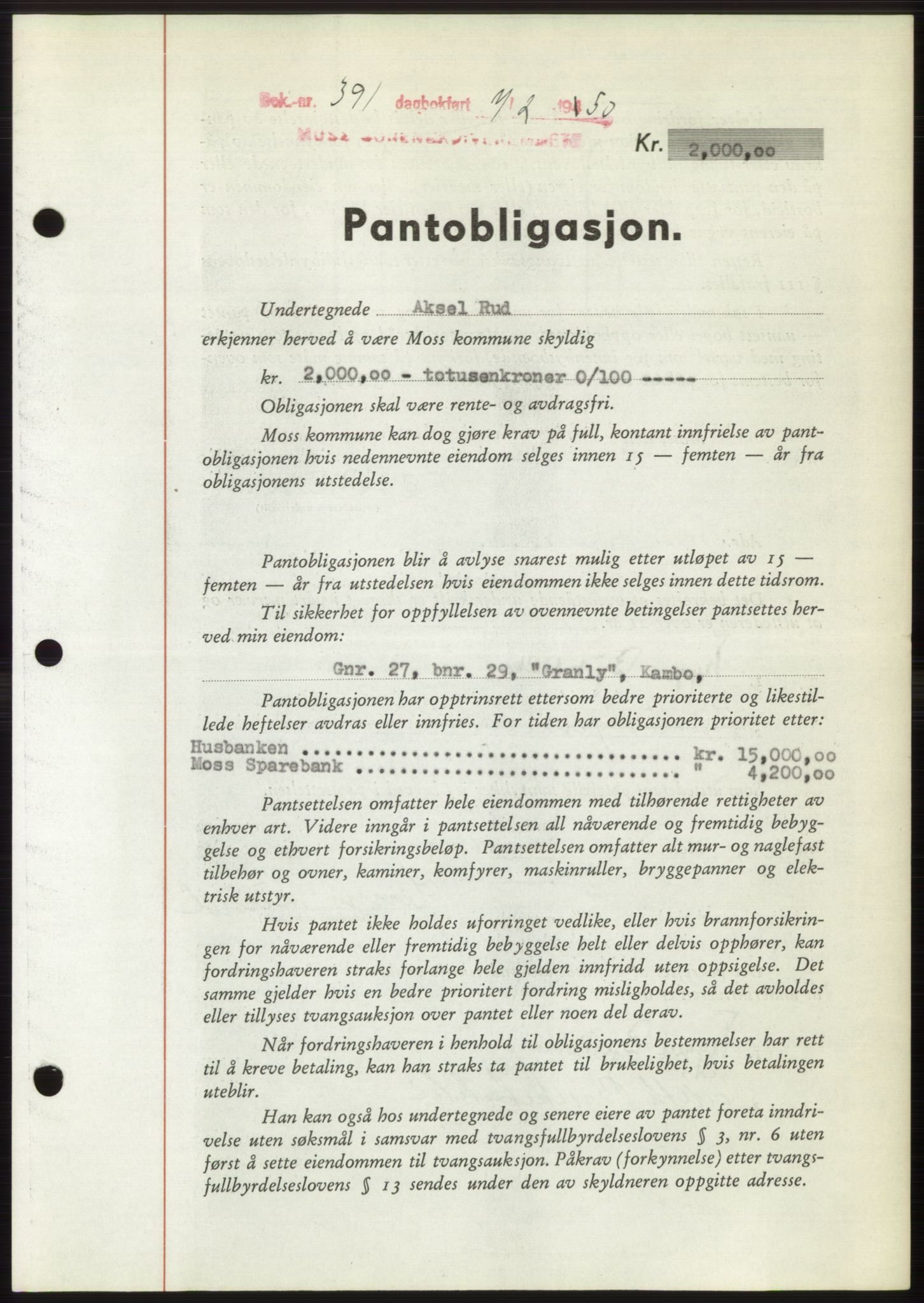 Moss sorenskriveri, SAO/A-10168: Pantebok nr. B23, 1949-1950, Dagboknr: 391/1950