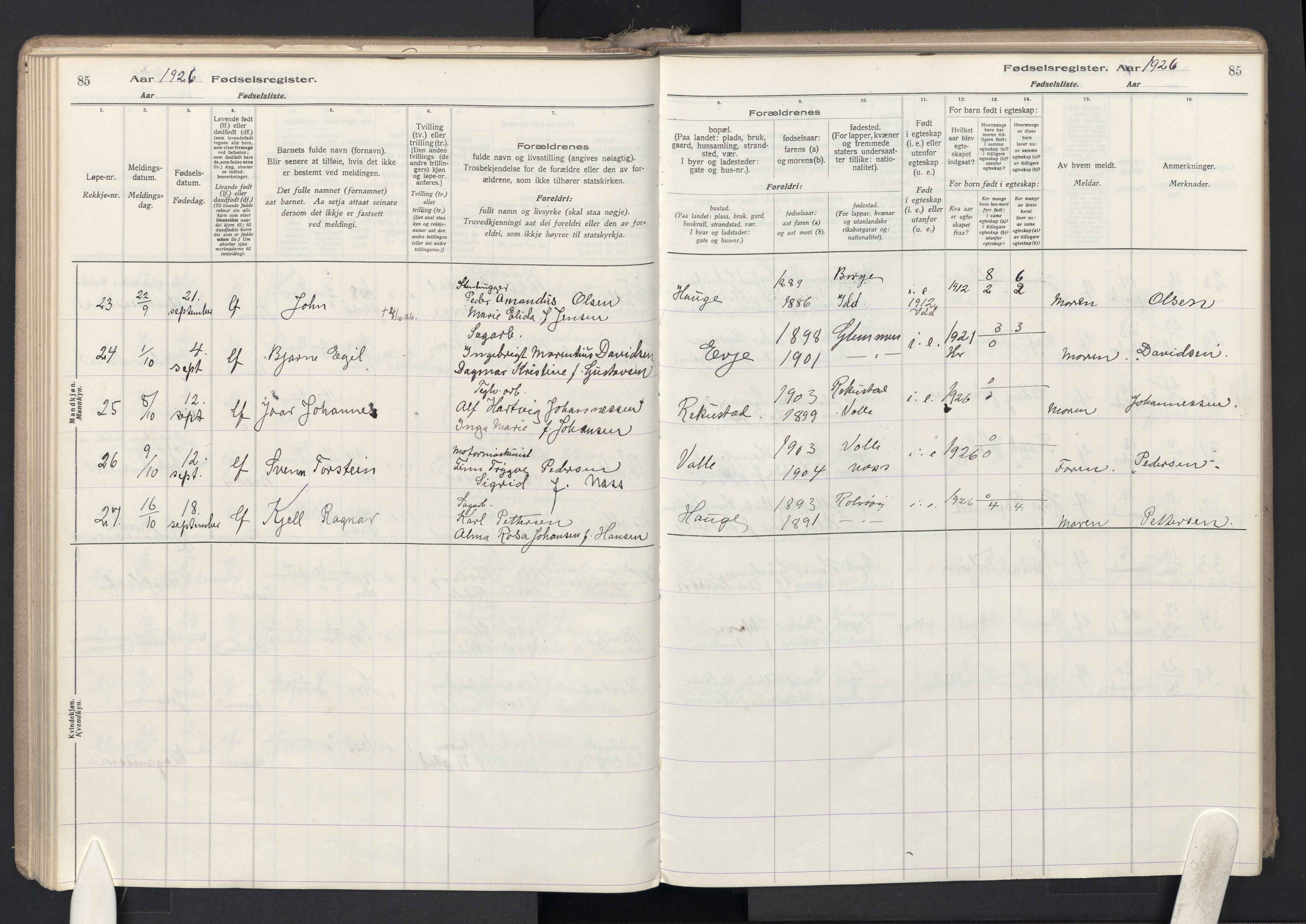 Rolvsøy prestekontor Kirkebøker, AV/SAO-A-2004/J/Ja/L0001: Fødselsregister nr. 1, 1916-1946, s. 85