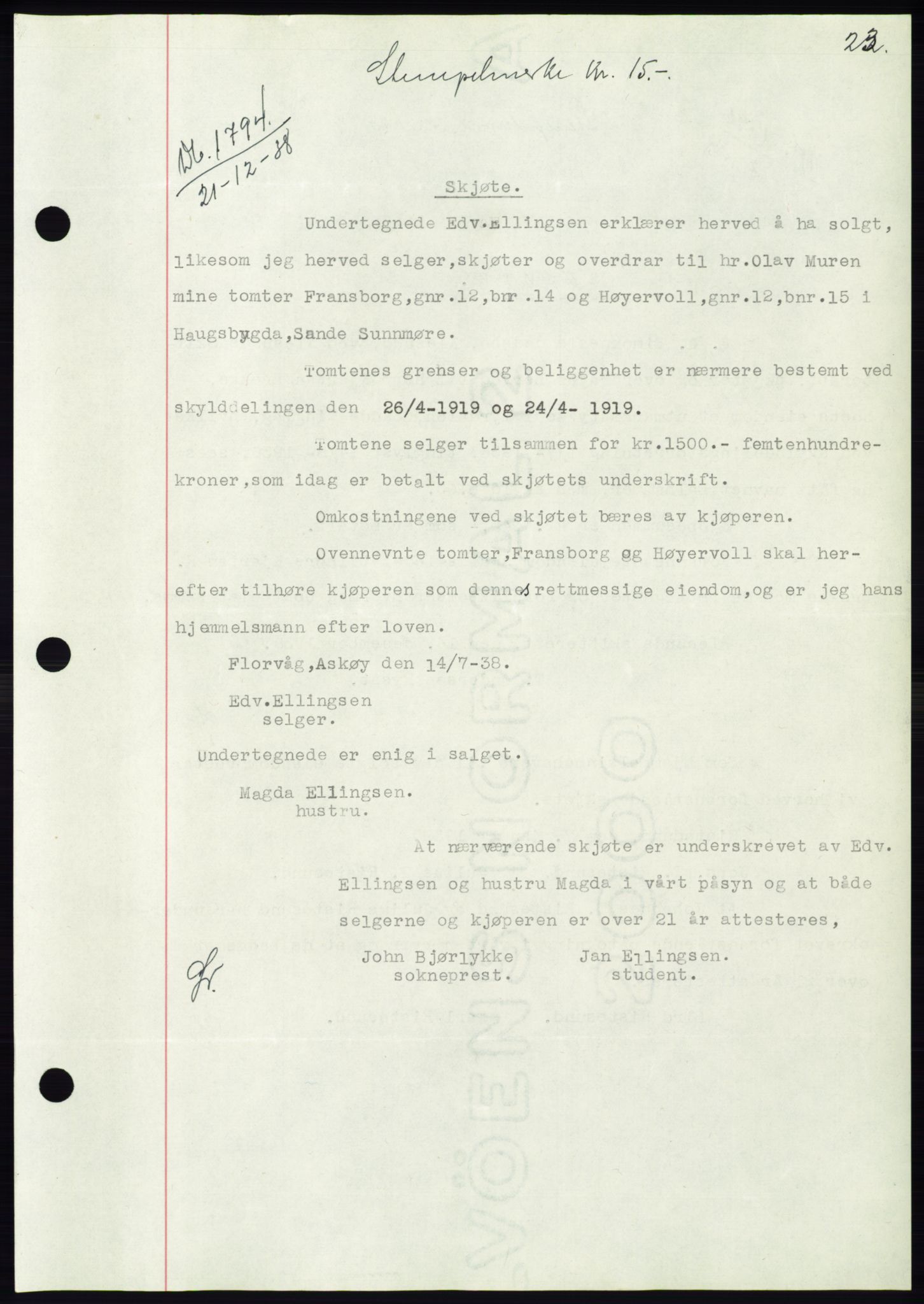 Søre Sunnmøre sorenskriveri, AV/SAT-A-4122/1/2/2C/L0067: Pantebok nr. 61, 1938-1939, Dagboknr: 1794/1938