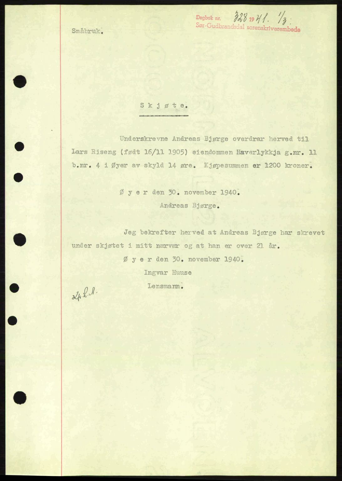 Sør-Gudbrandsdal tingrett, SAH/TING-004/H/Hb/Hbd/L0008: Pantebok nr. A8, 1940-1941, Dagboknr: 328/1941