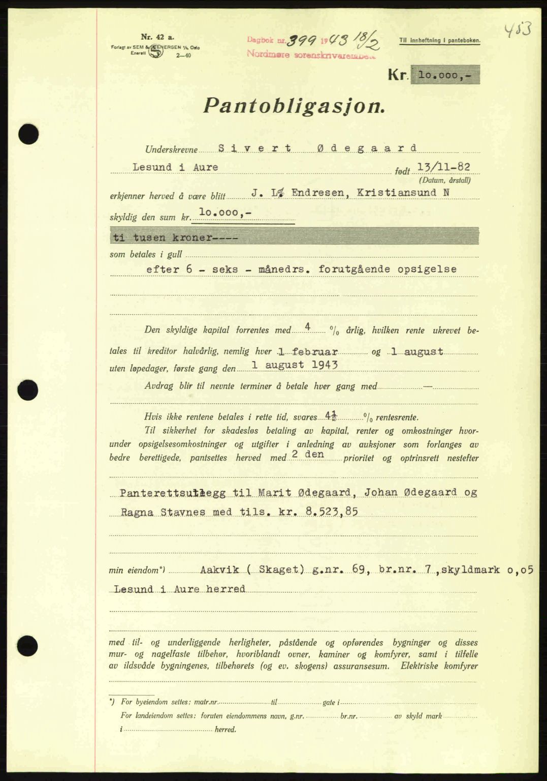 Nordmøre sorenskriveri, SAT/A-4132/1/2/2Ca: Pantebok nr. B90, 1942-1943, Dagboknr: 399/1943
