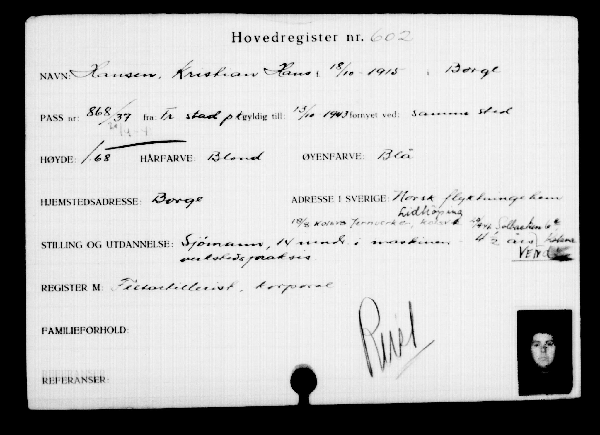 Utenriksstasjonene, Legasjonen i Stockholm, Flyktningkontoret, AV/RA-S-6753/V/Va/L0001: Kjesäterkartoteket, flyktninger med registreringsnr. 1-1000, 1940-1945, s. 941