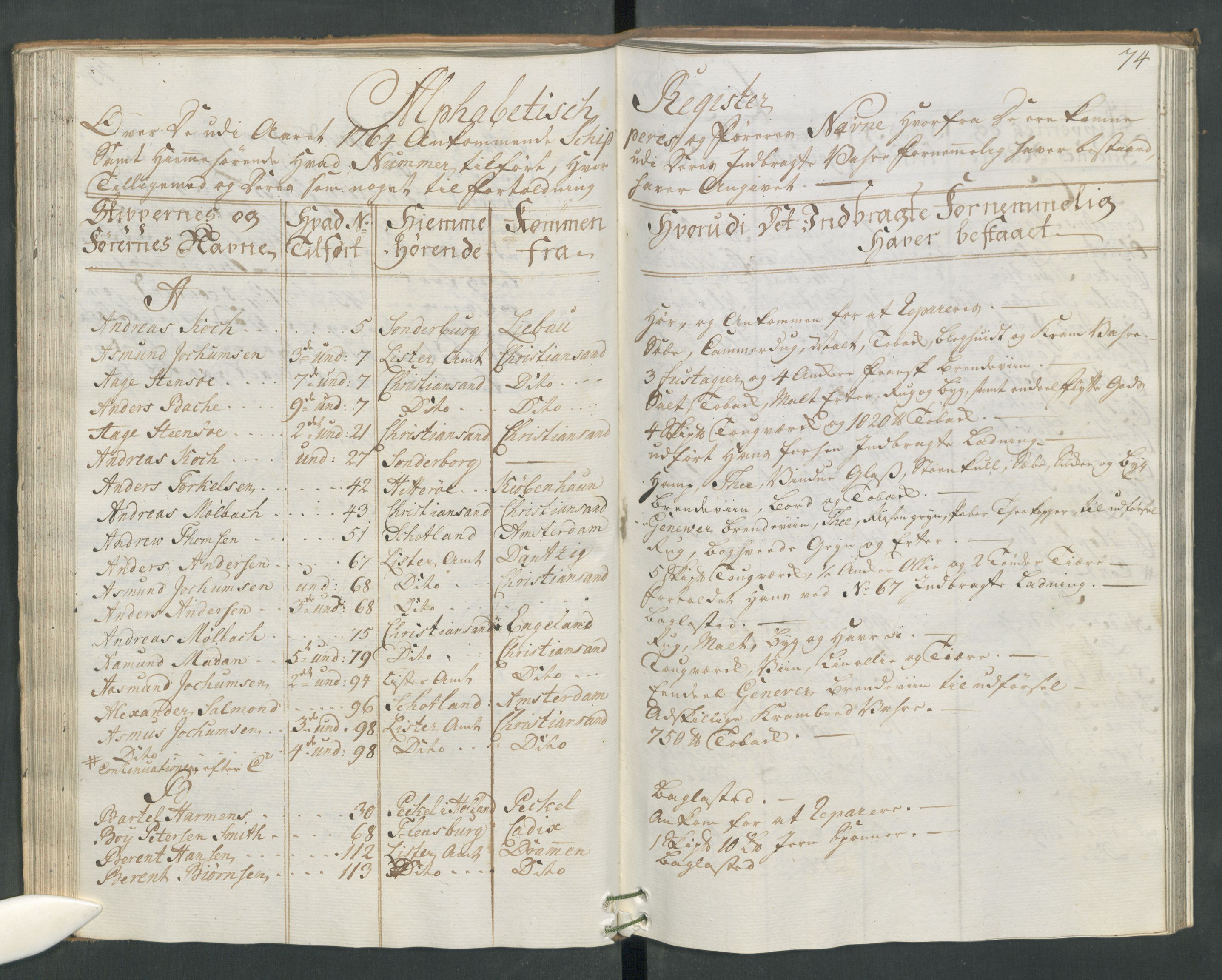 Generaltollkammeret, tollregnskaper, AV/RA-EA-5490/R19/L0024a/0001: Tollregnskaper Flekkefjord / Inngående hovedtollbok, 1764, s. 73b-74a