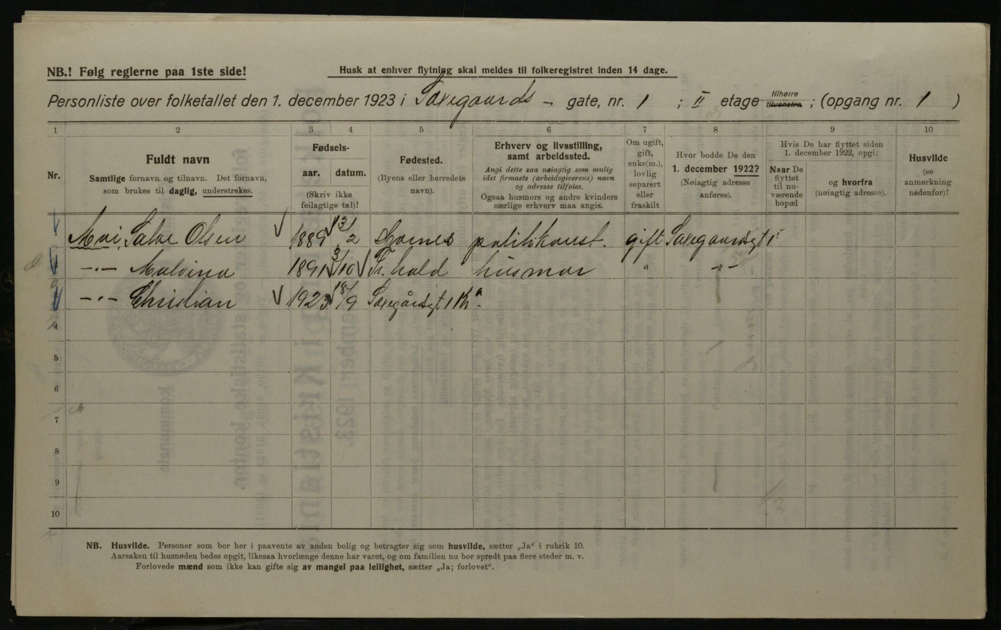 OBA, Kommunal folketelling 1.12.1923 for Kristiania, 1923, s. 99082