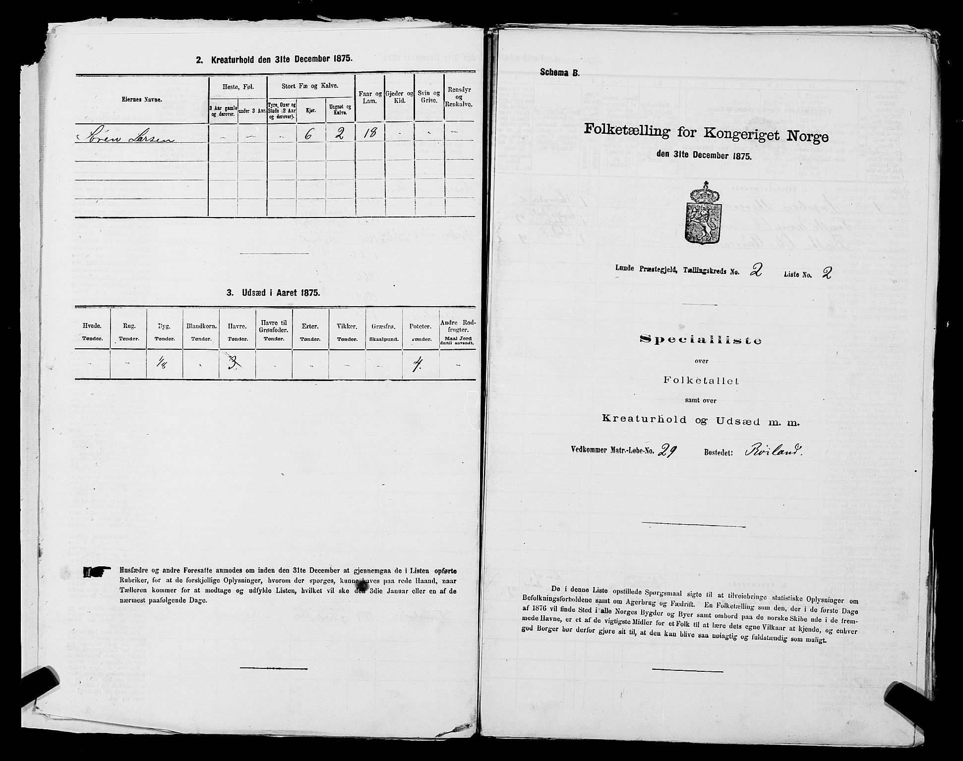 SAST, Folketelling 1875 for 1112P Lund prestegjeld, 1875, s. 109