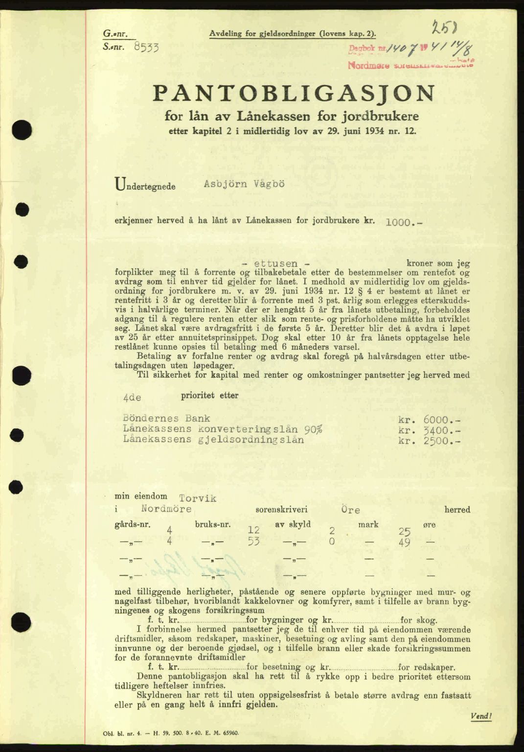 Nordmøre sorenskriveri, SAT/A-4132/1/2/2Ca: Pantebok nr. B88, 1941-1942, Dagboknr: 1407/1941