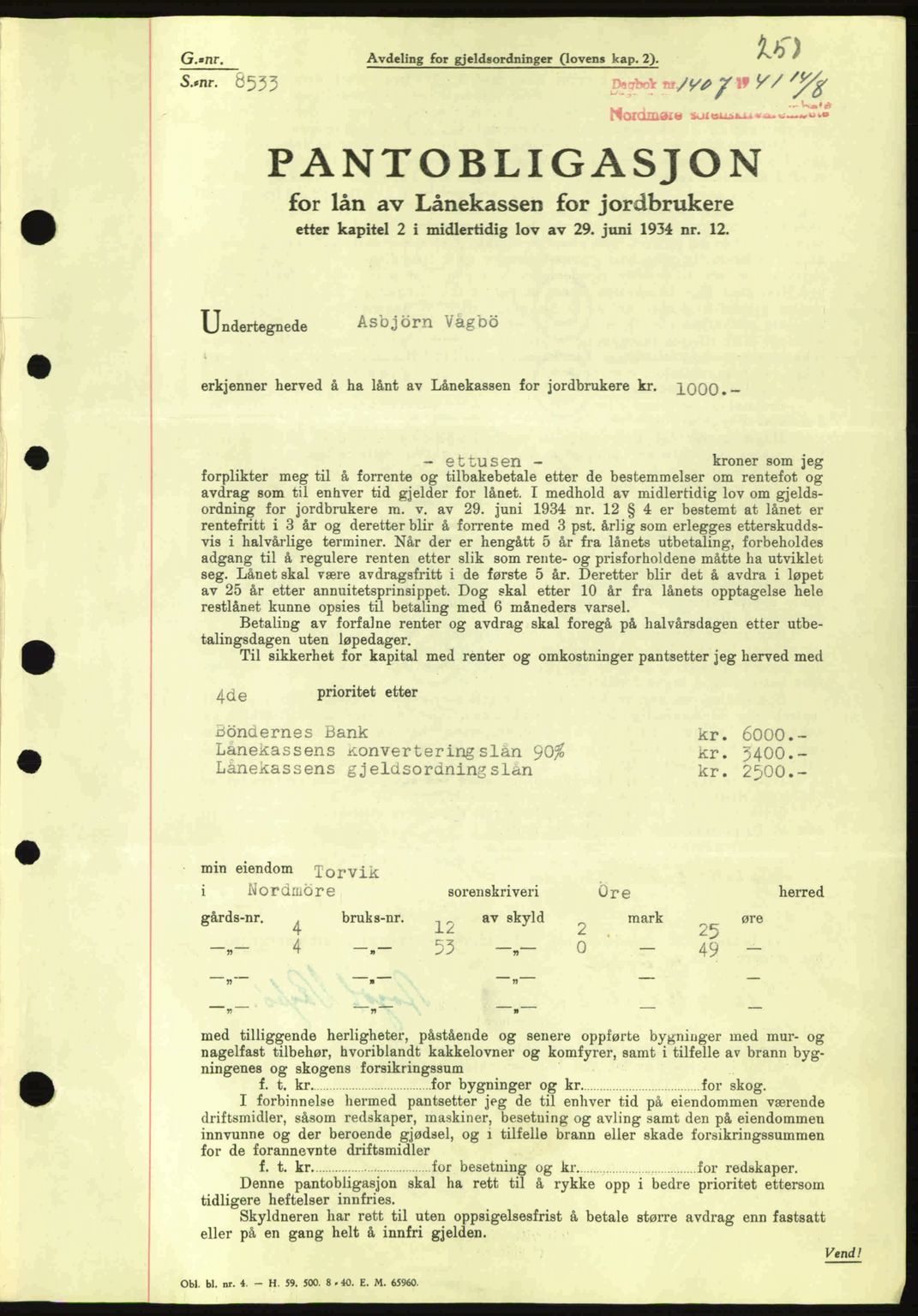 Nordmøre sorenskriveri, AV/SAT-A-4132/1/2/2Ca: Pantebok nr. B88, 1941-1942, Dagboknr: 1407/1941