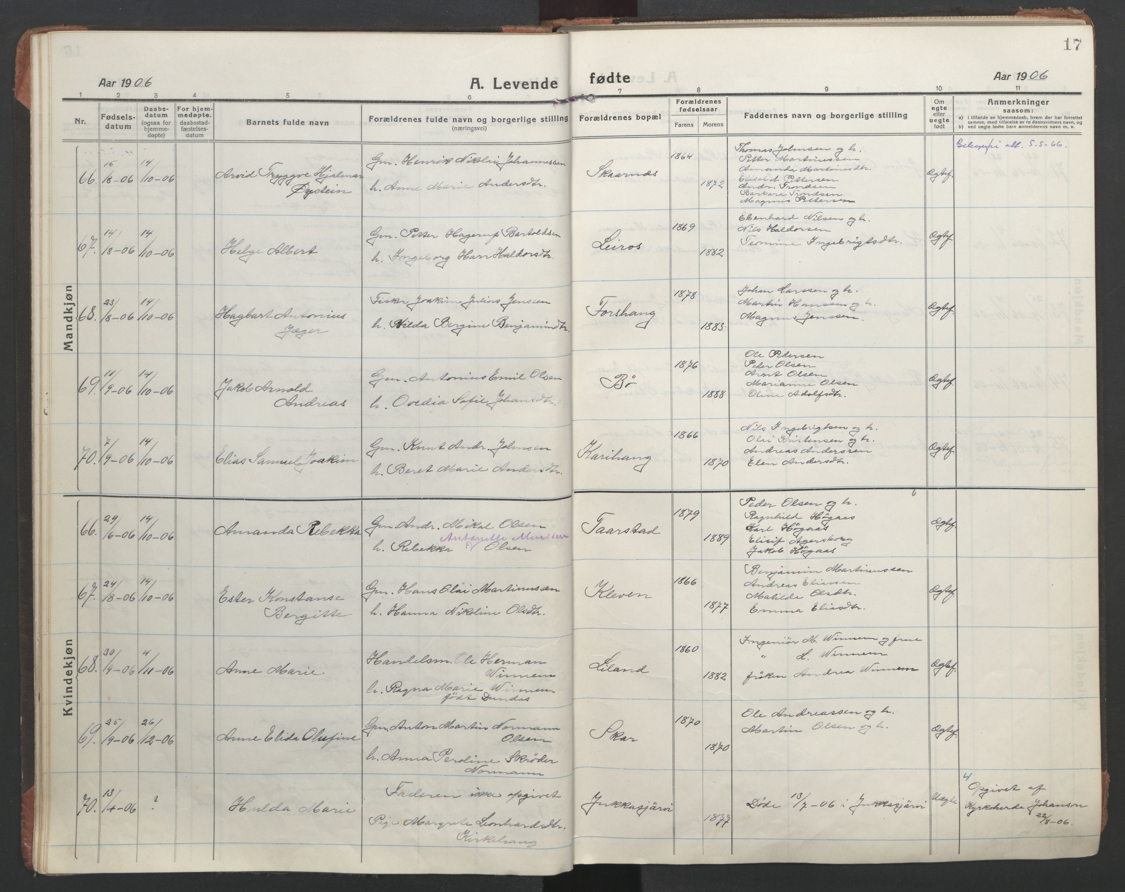 Ministerialprotokoller, klokkerbøker og fødselsregistre - Nordland, AV/SAT-A-1459/863/L0900: Ministerialbok nr. 863A12, 1906-1915, s. 17