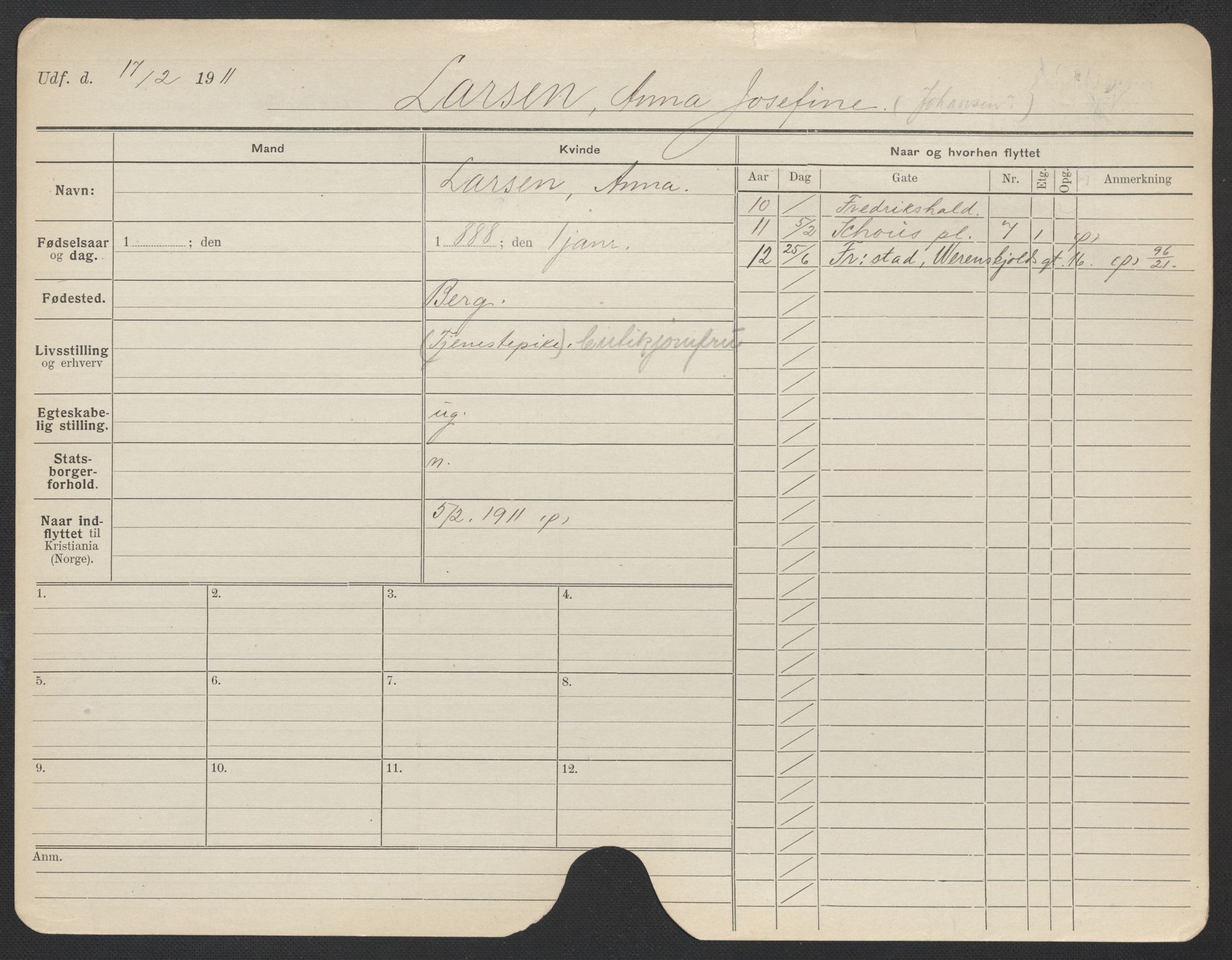 Oslo folkeregister, Registerkort, AV/SAO-A-11715/F/Fa/Fac/L0019: Kvinner, 1906-1914, s. 813a