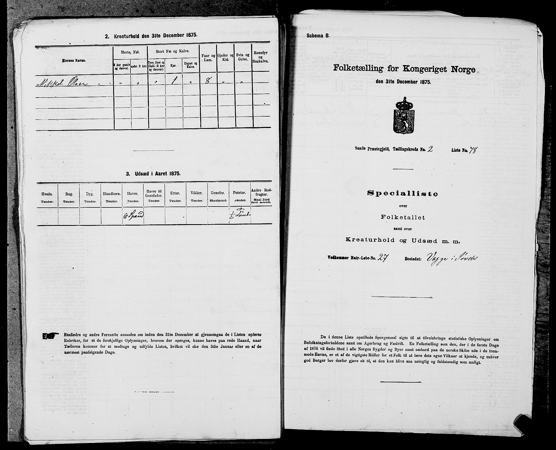 SAST, Folketelling 1875 for 1136P Sand prestegjeld, 1875, s. 1005