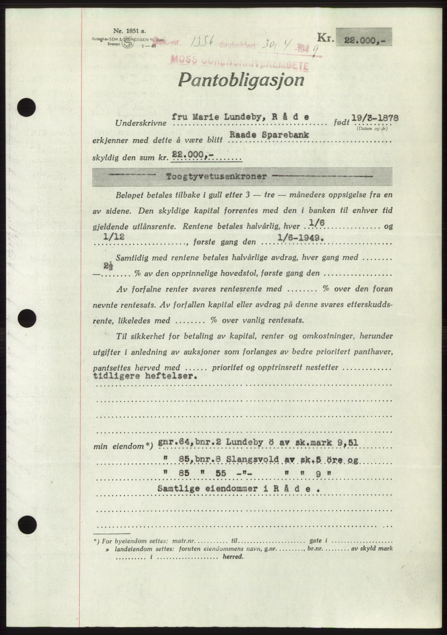 Moss sorenskriveri, SAO/A-10168: Pantebok nr. B21, 1949-1949, Dagboknr: 1356/1949