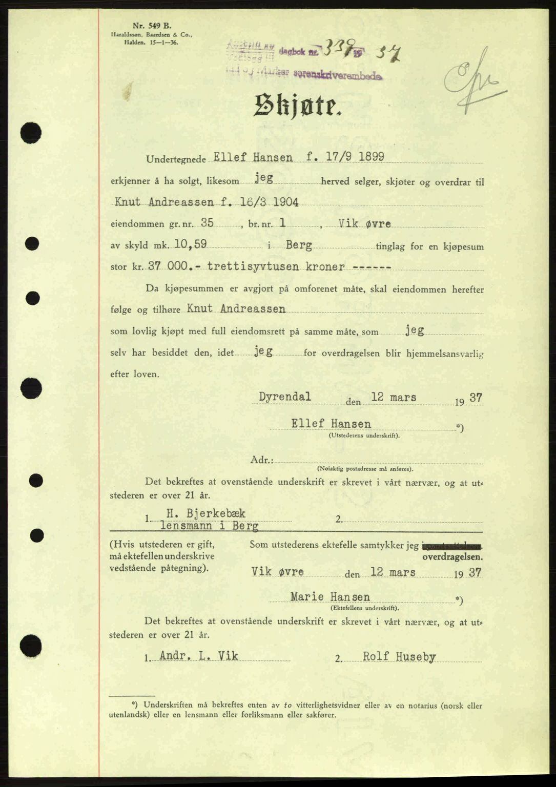 Idd og Marker sorenskriveri, AV/SAO-A-10283/G/Gb/Gbb/L0001: Pantebok nr. A1, 1936-1937, Dagboknr: 339/1937