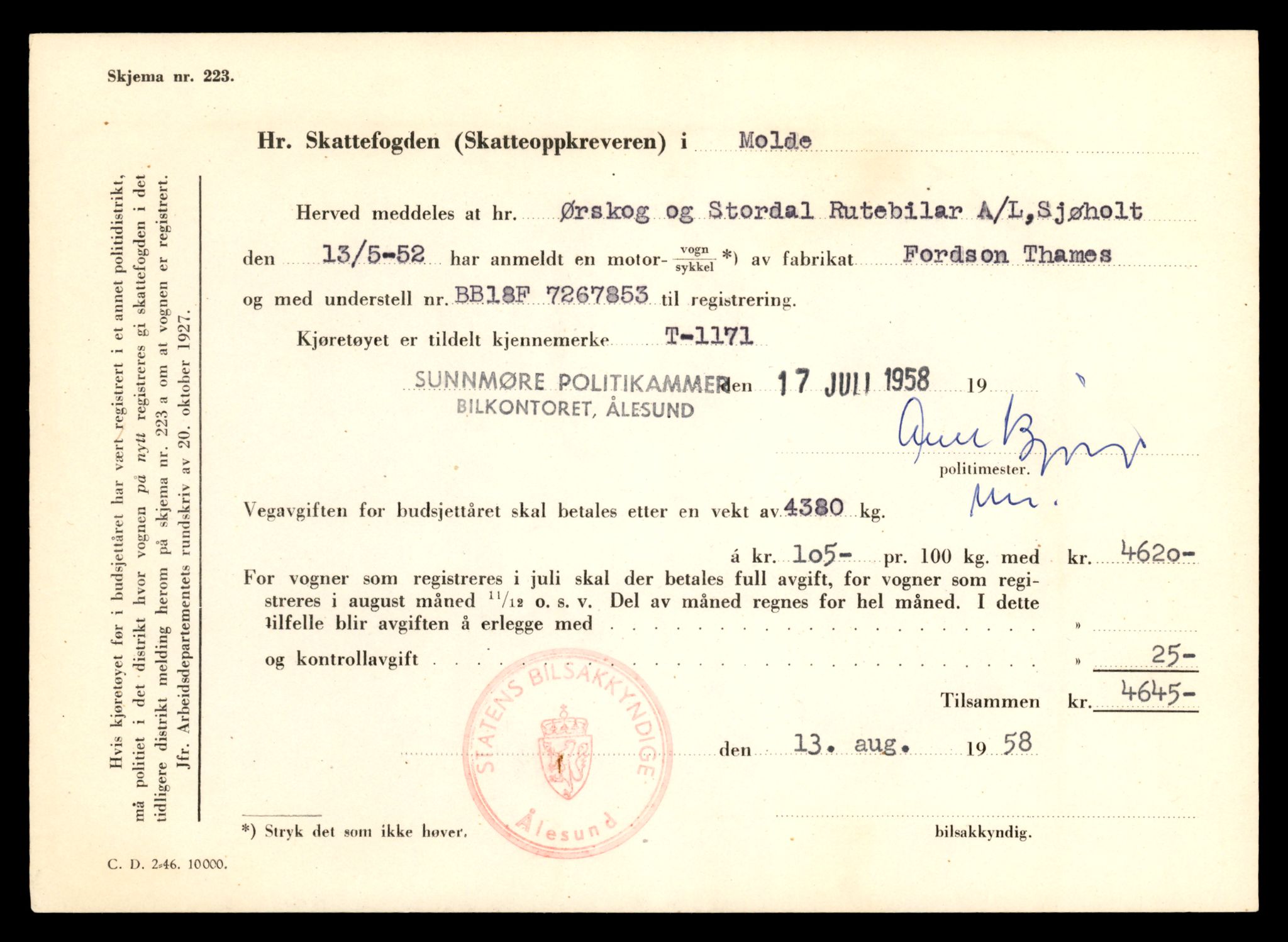 Møre og Romsdal vegkontor - Ålesund trafikkstasjon, AV/SAT-A-4099/F/Fe/L0011: Registreringskort for kjøretøy T 1170 - T 1289, 1927-1998, s. 21