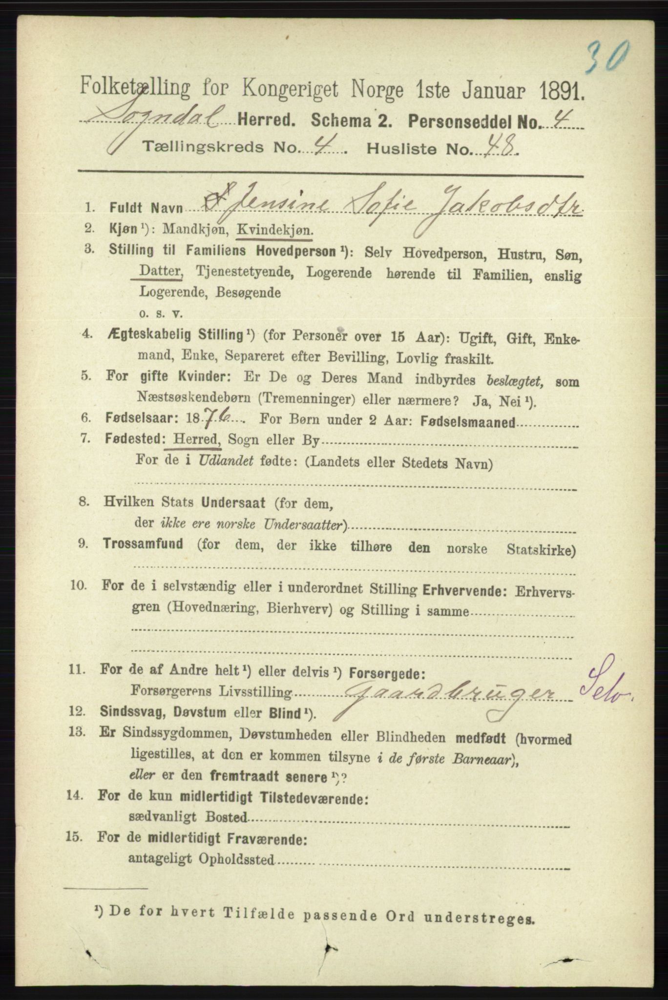 RA, Folketelling 1891 for 1111 Sokndal herred, 1891, s. 1272