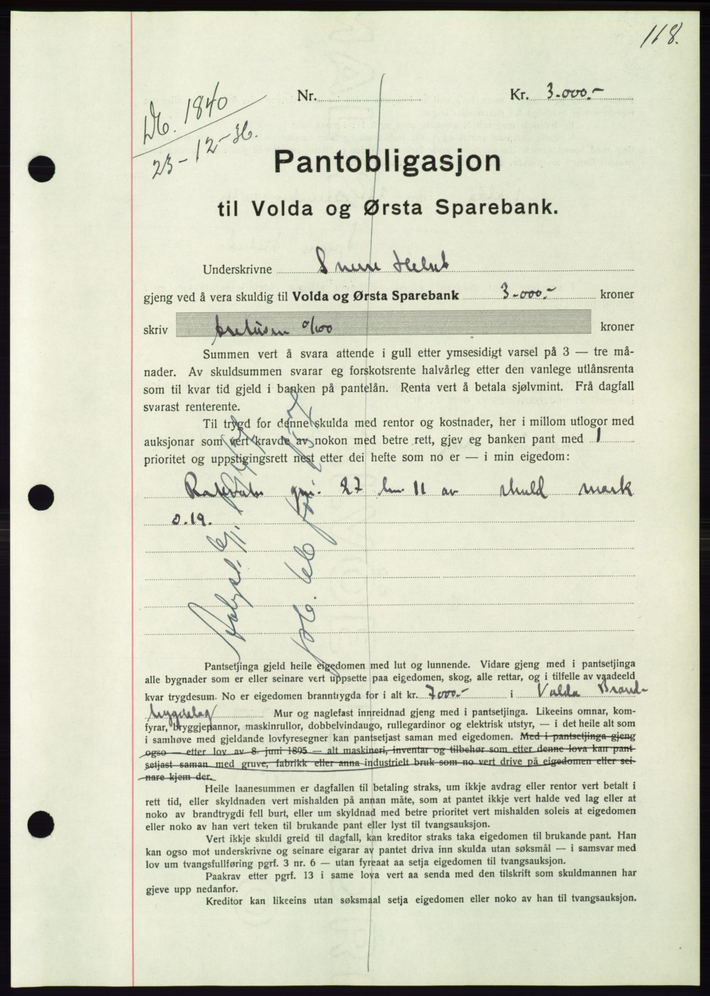 Søre Sunnmøre sorenskriveri, AV/SAT-A-4122/1/2/2C/L0062: Pantebok nr. 56, 1936-1937, Dagboknr: 1840/1936