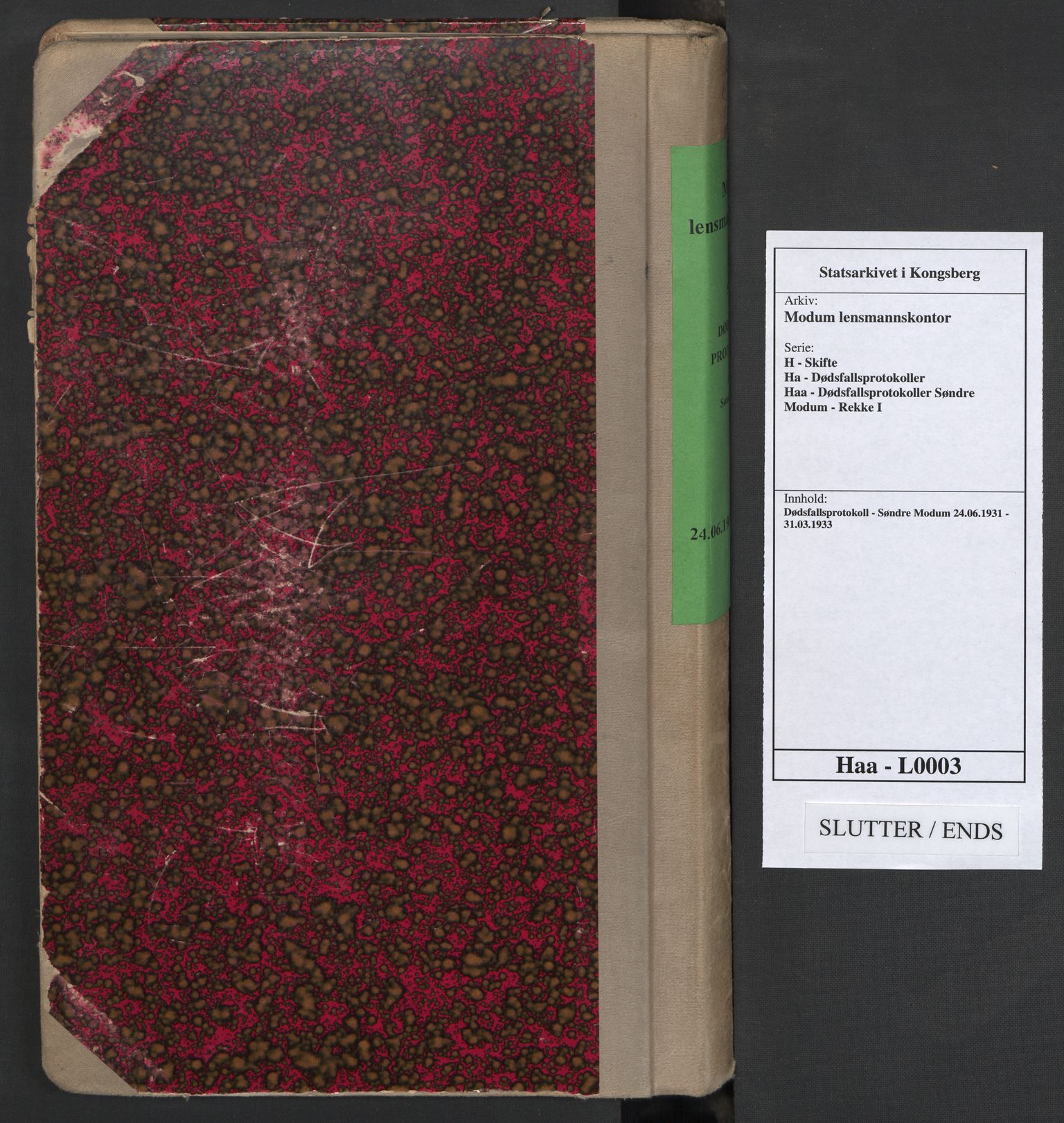 Modum lensmannskontor, AV/SAKO-A-524/H/Ha/Haa/L0003: Dødsfallsprotokoll - Søndre Modum, 1931-1933