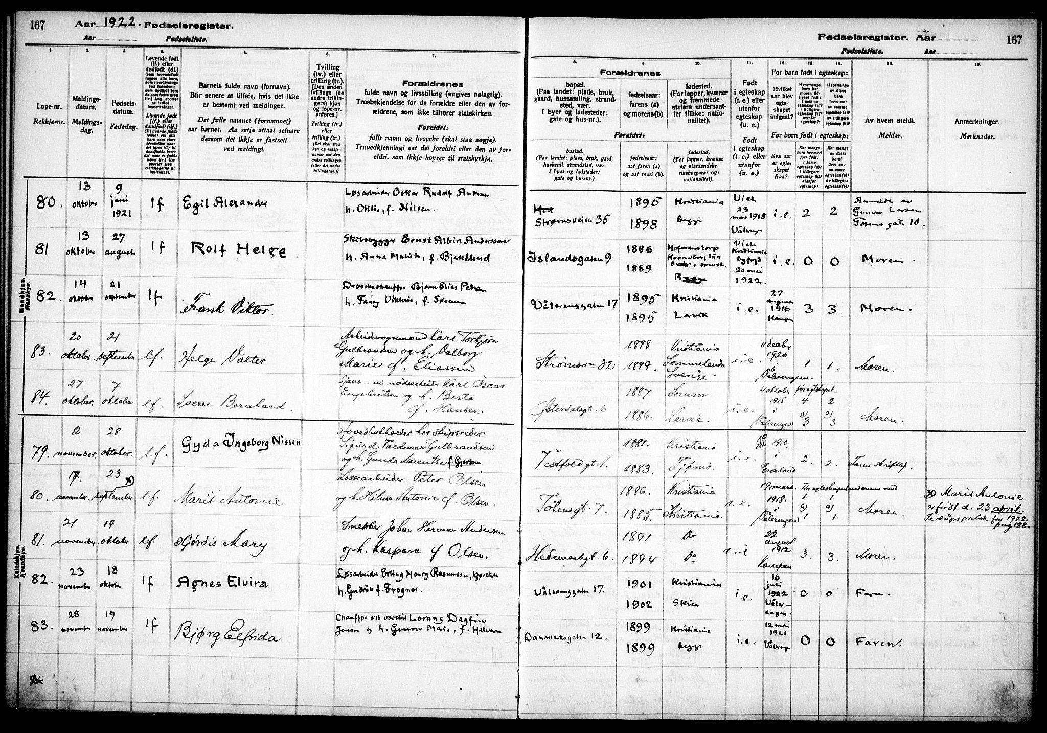 Vålerengen prestekontor Kirkebøker, AV/SAO-A-10878/J/Ja/L0001: Fødselsregister nr. 1, 1916-1924, s. 167