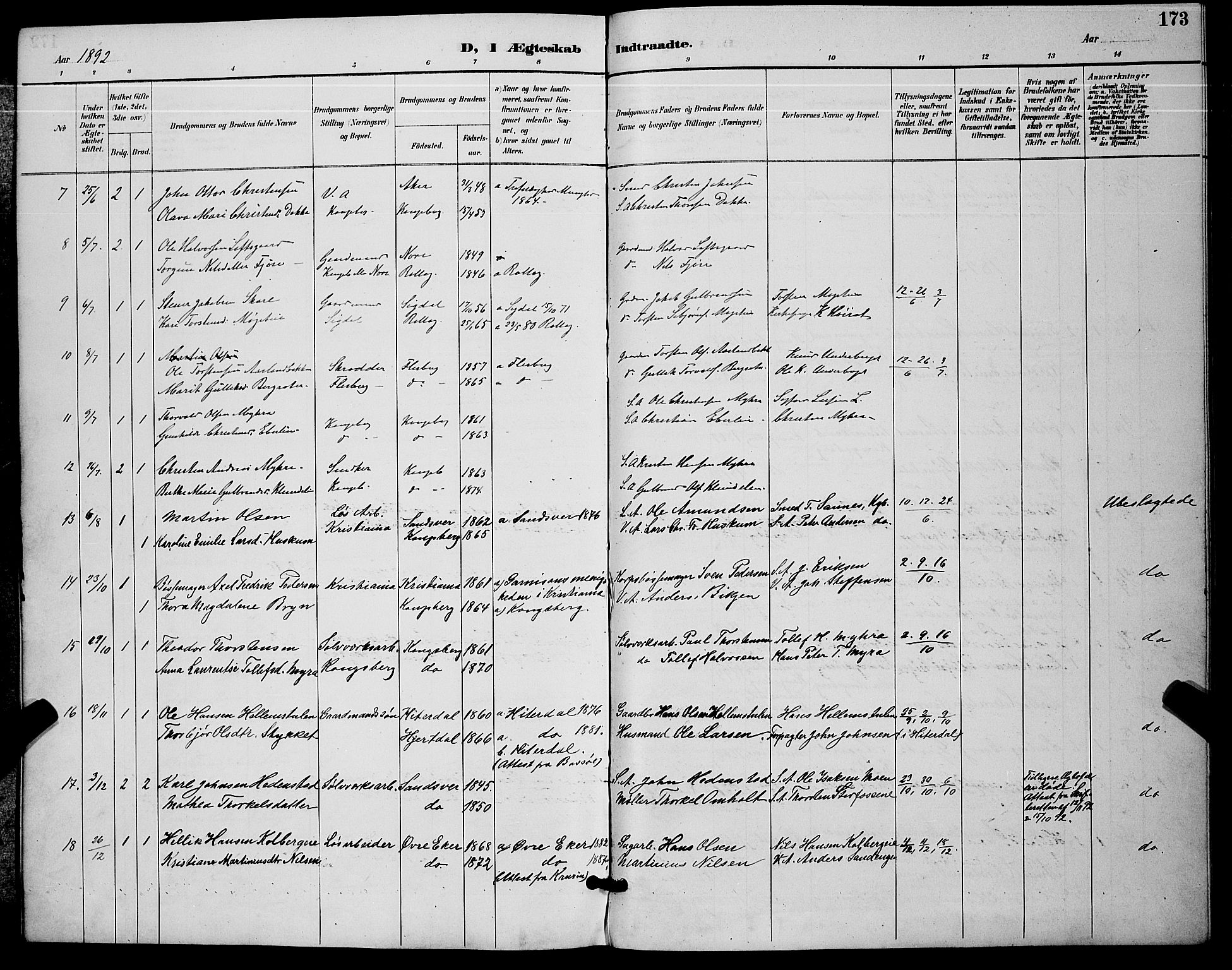 Kongsberg kirkebøker, AV/SAKO-A-22/G/Ga/L0006: Klokkerbok nr. 6, 1890-1901, s. 173