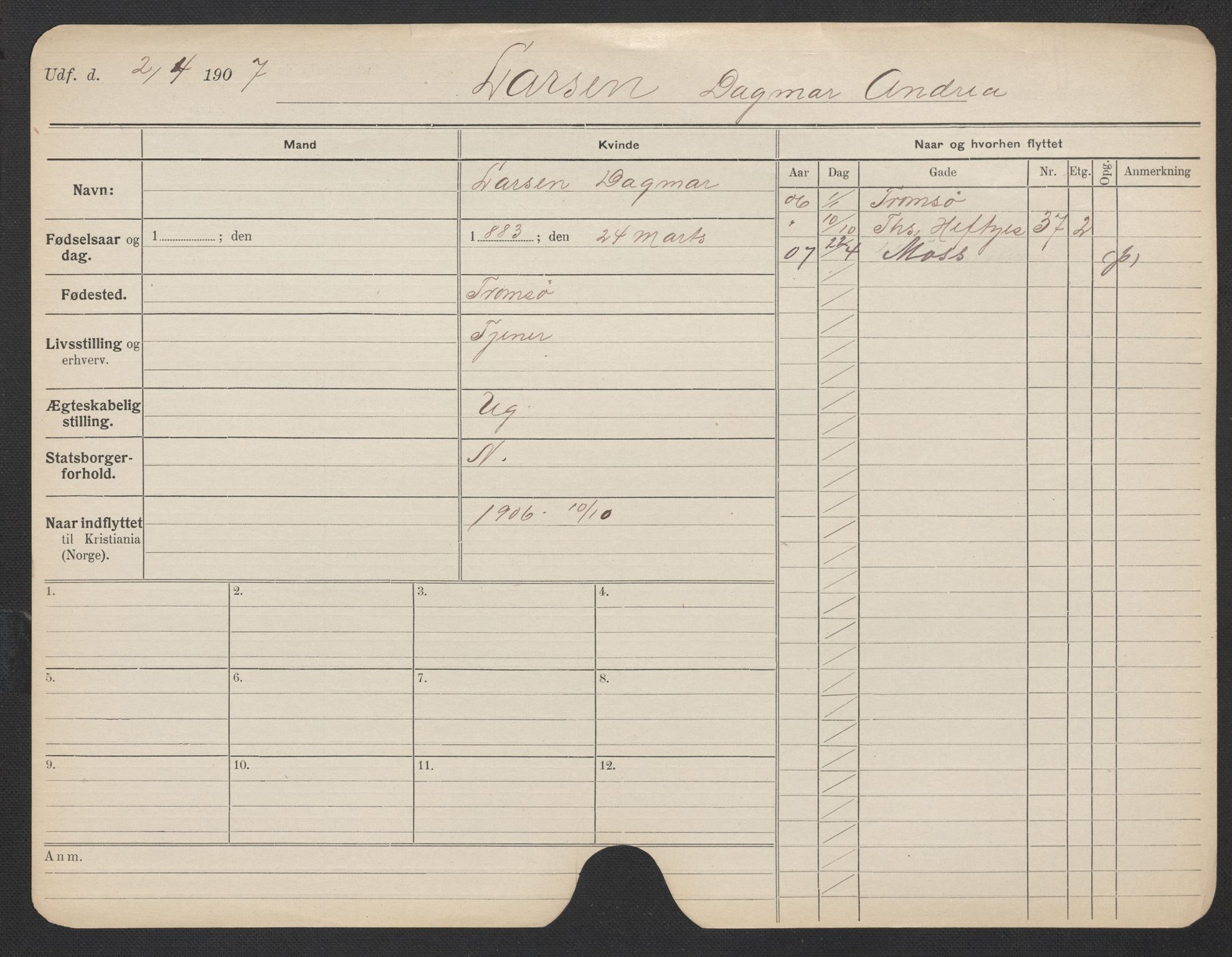 Oslo folkeregister, Registerkort, AV/SAO-A-11715/F/Fa/Fac/L0019: Kvinner, 1906-1914, s. 848a