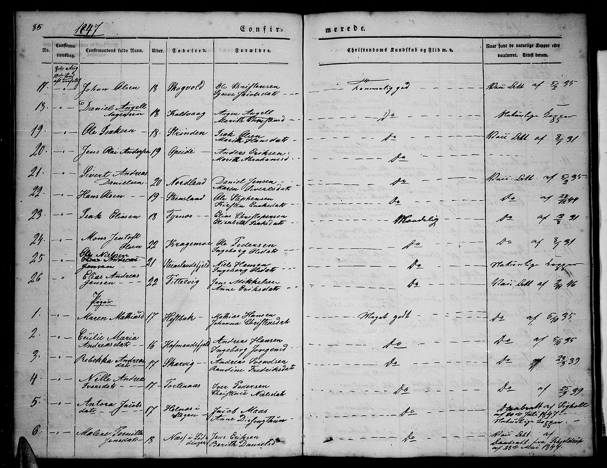 Ministerialprotokoller, klokkerbøker og fødselsregistre - Nordland, AV/SAT-A-1459/859/L0856: Klokkerbok nr. 859C02, 1843-1854, s. 85