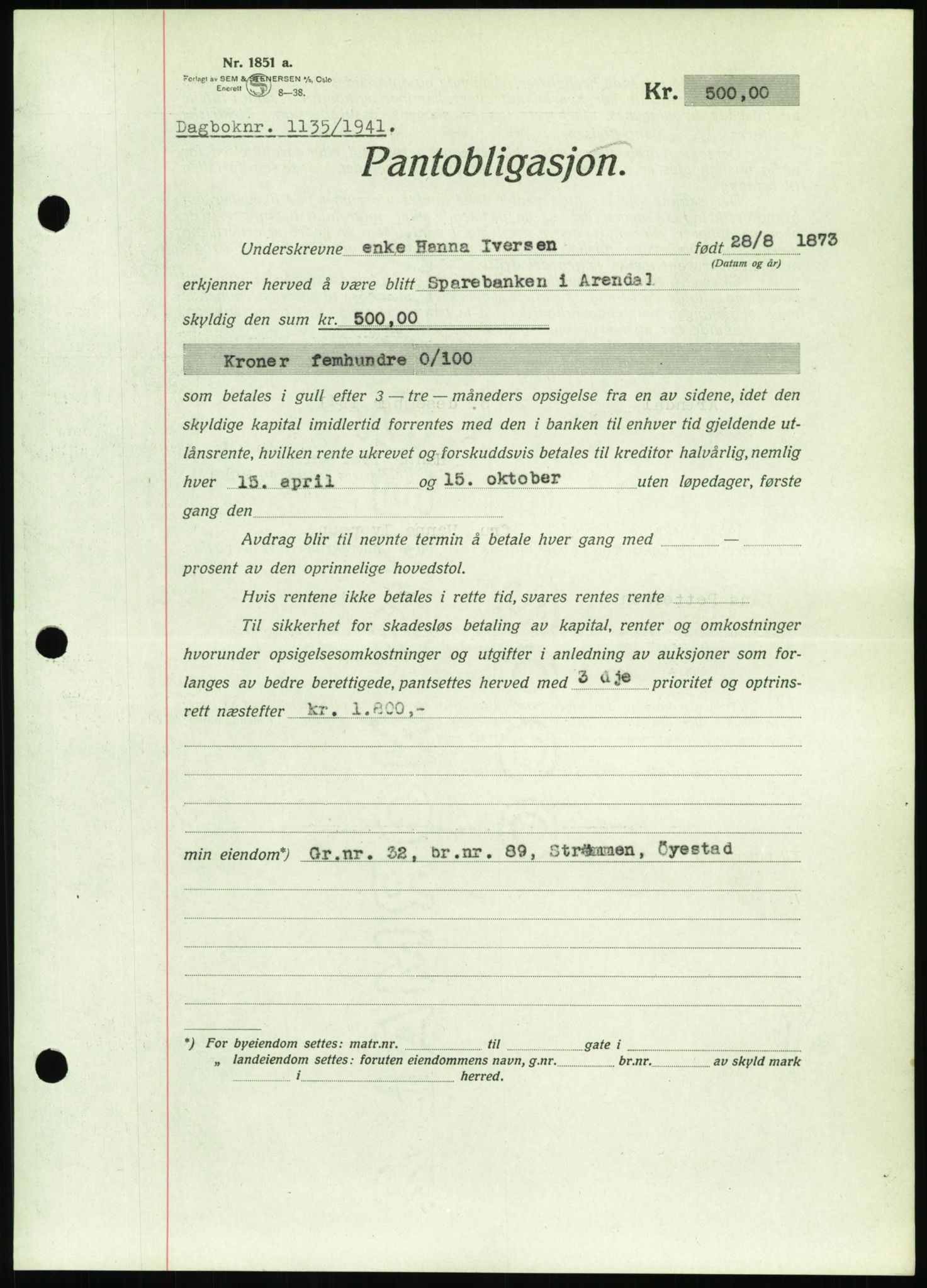 Nedenes sorenskriveri, SAK/1221-0006/G/Gb/Gbb/L0001: Pantebok nr. I, 1939-1942, Dagboknr: 1135/1941