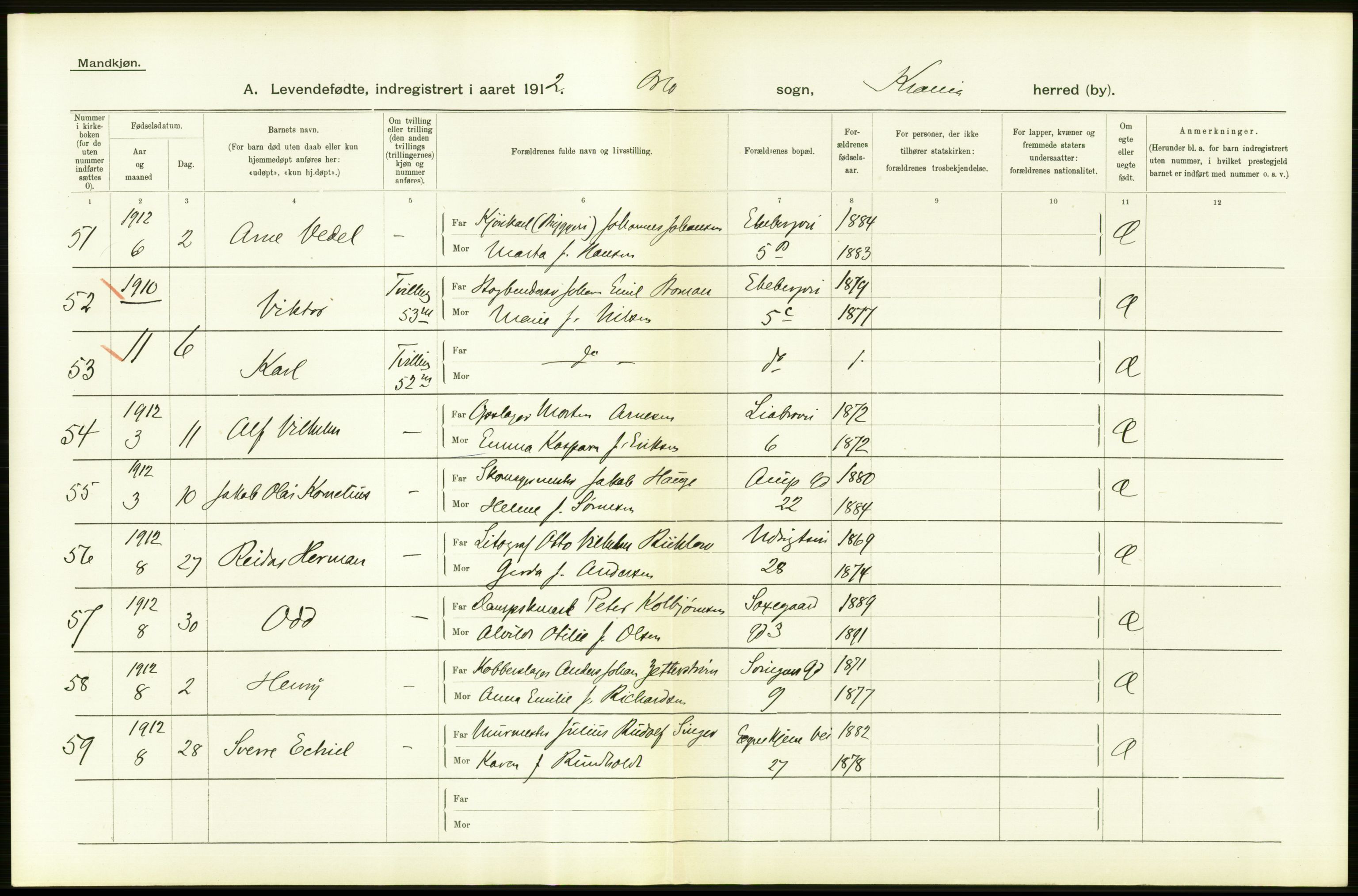 Statistisk sentralbyrå, Sosiodemografiske emner, Befolkning, RA/S-2228/D/Df/Dfb/Dfbb/L0006: Kristiania:  Levendefødte menn og kvinner., 1912, s. 604