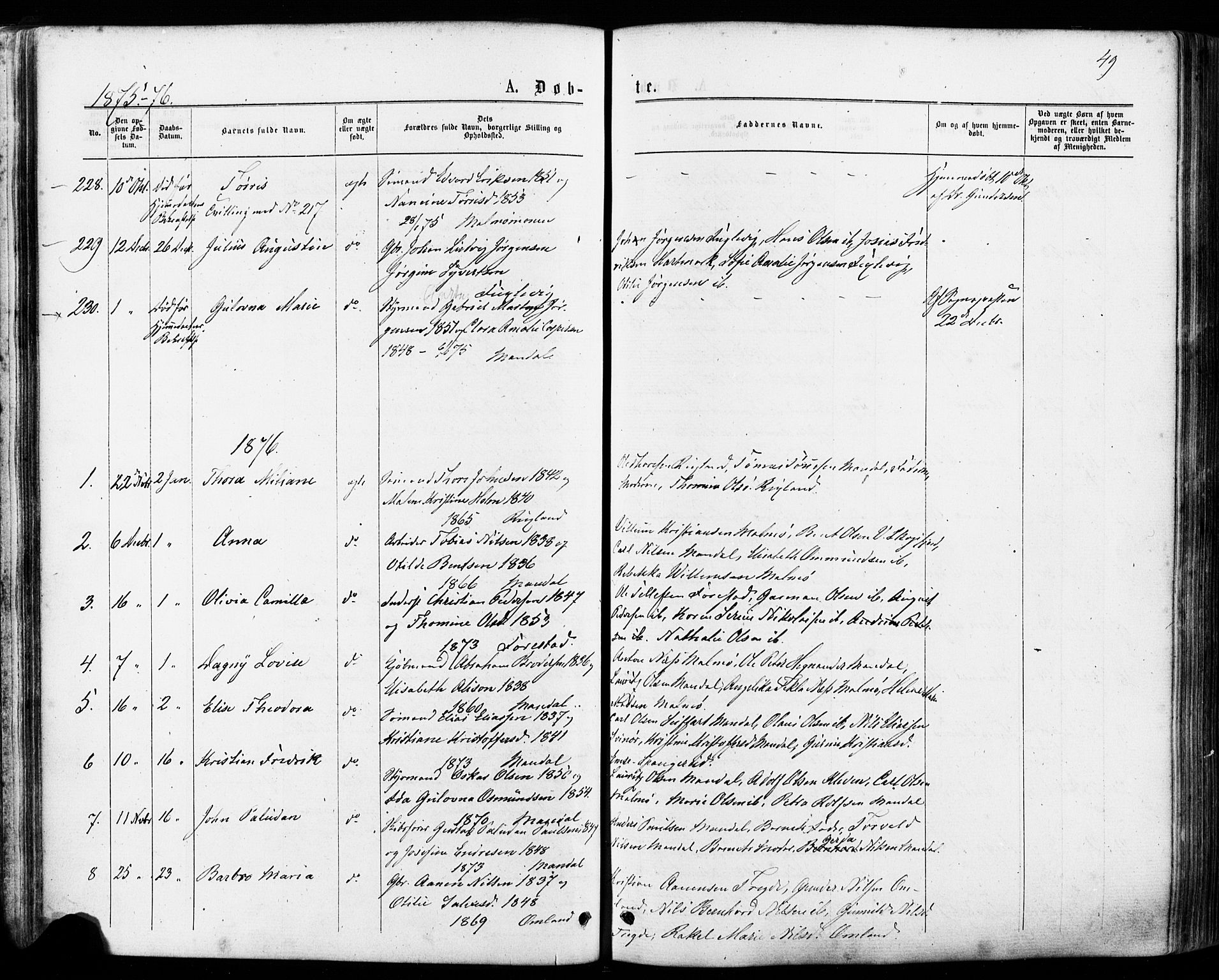 Mandal sokneprestkontor, SAK/1111-0030/F/Fa/Faa/L0015: Ministerialbok nr. A 15, 1873-1879, s. 49