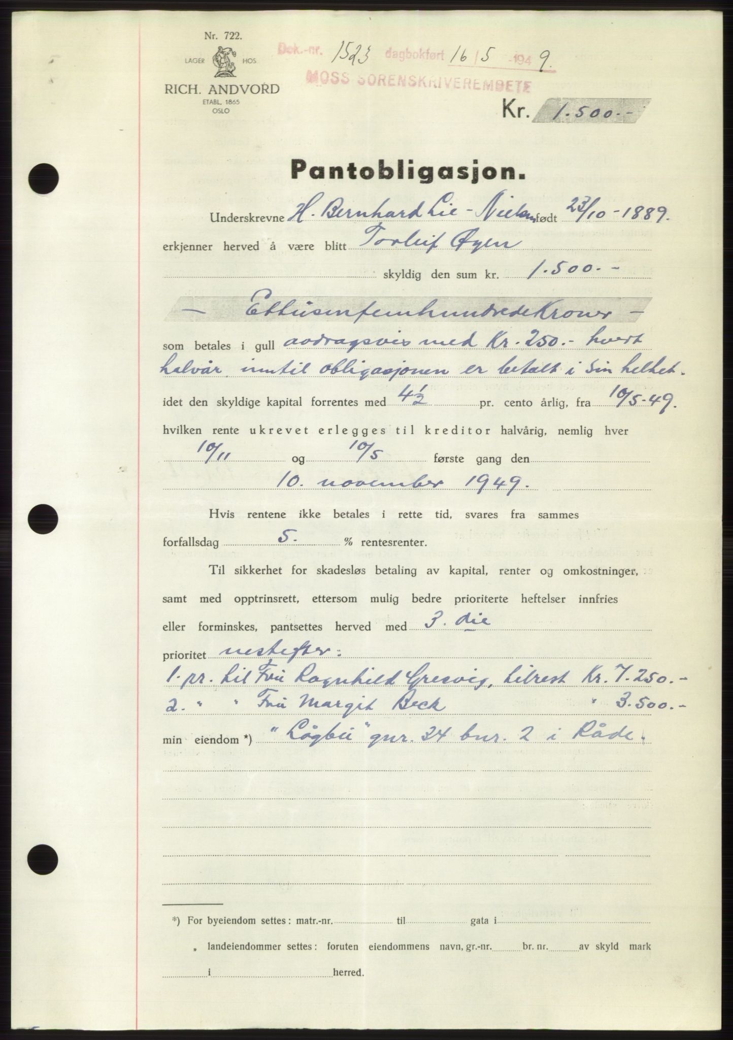 Moss sorenskriveri, SAO/A-10168: Pantebok nr. B21, 1949-1949, Dagboknr: 1523/1949