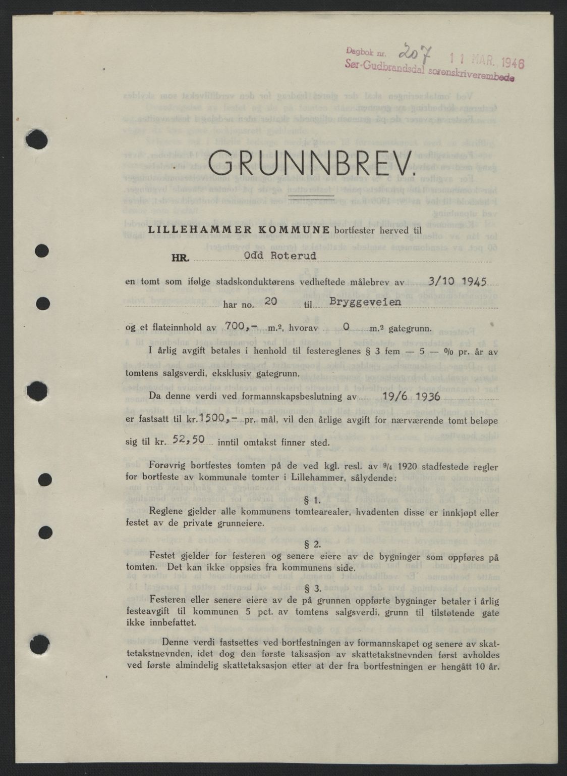 Sør-Gudbrandsdal tingrett, SAH/TING-004/H/Hb/Hbd/L0015: Pantebok nr. A15, 1945-1946, Dagboknr: 207/1946