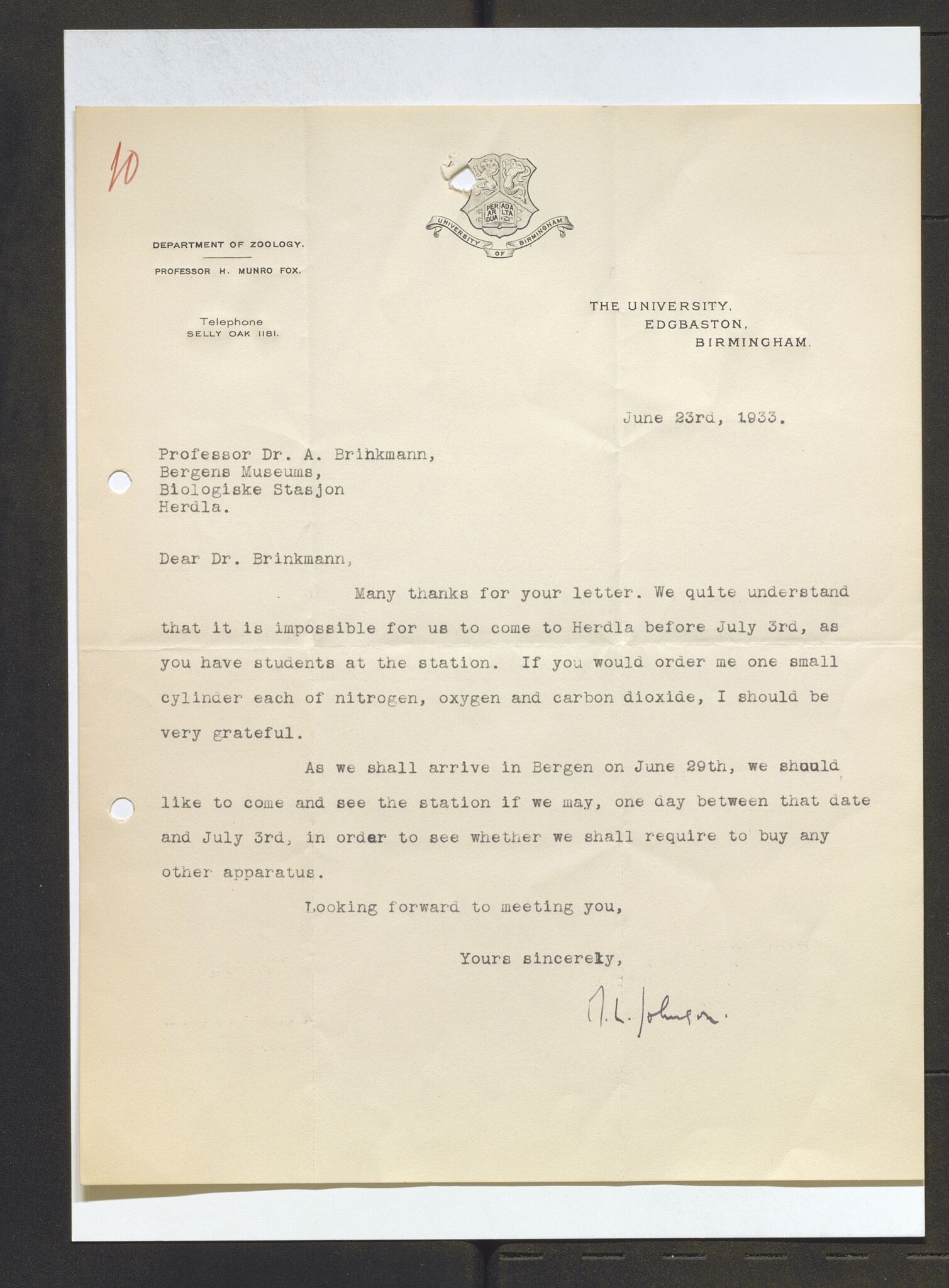 Bergens Museum, AV/SAB-A-17301/13/D/L0002: Korrespondanse , 1928-1940, s. 611