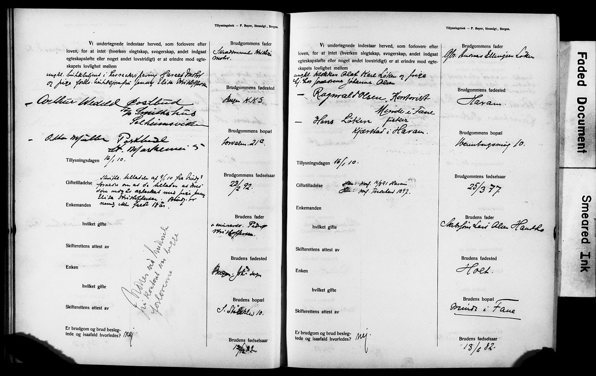 Mariakirken Sokneprestembete, SAB/A-76901: Forlovererklæringer nr. II.5.3, 1909-1917, s. 15