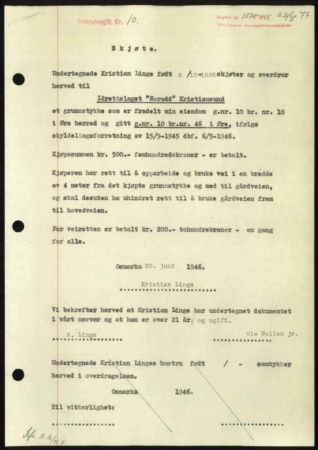 Nordmøre sorenskriveri, SAT/A-4132/1/2/2Ca: Pantebok nr. A102, 1946-1946, Dagboknr: 1374/1946