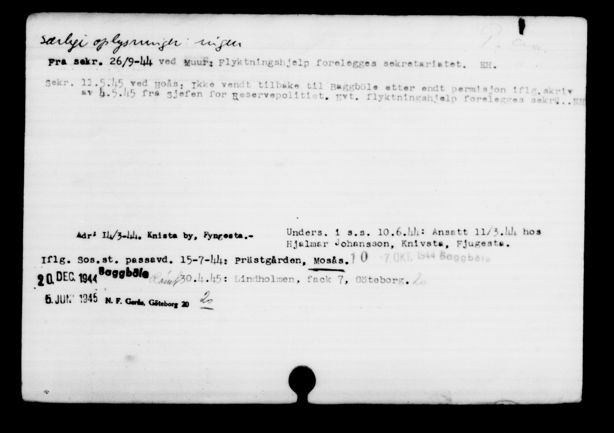 Utenriksstasjonene, Legasjonen i Stockholm, Flyktningkontoret, AV/RA-S-6753/V/Va/L0001: Kjesäterkartoteket, flyktninger med registreringsnr. 1-1000, 1940-1945, s. 1346