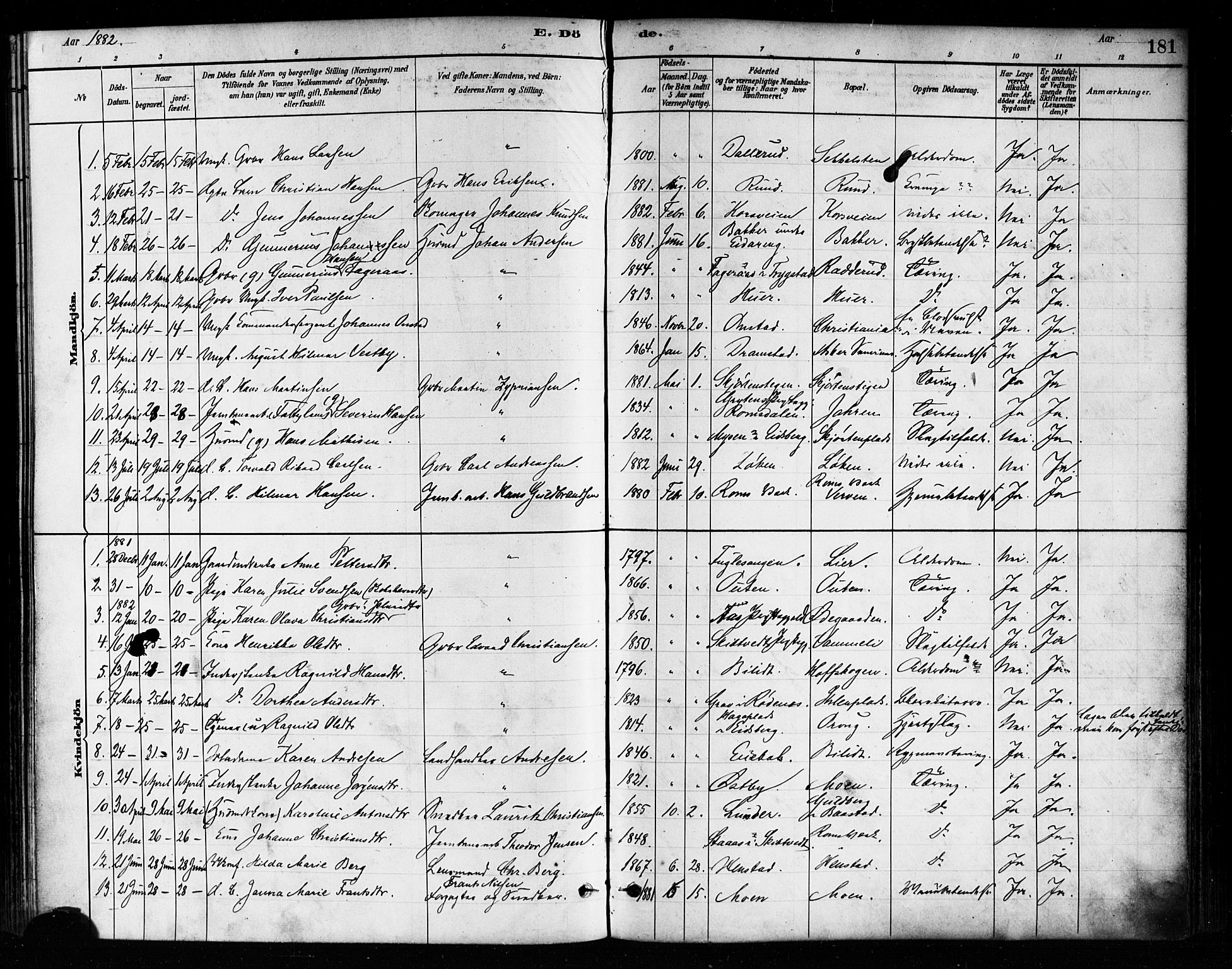 Askim prestekontor Kirkebøker, AV/SAO-A-10900/F/Fa/L0007: Ministerialbok nr. 7, 1882-1897, s. 181
