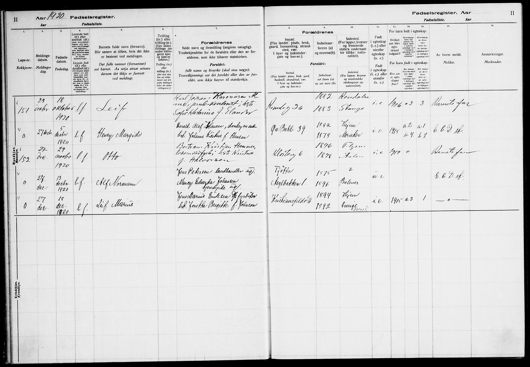 Ministerialprotokoller, klokkerbøker og fødselsregistre - Sør-Trøndelag, AV/SAT-A-1456/604/L0233: Fødselsregister nr. 604.II.4.2, 1920-1928, s. 11