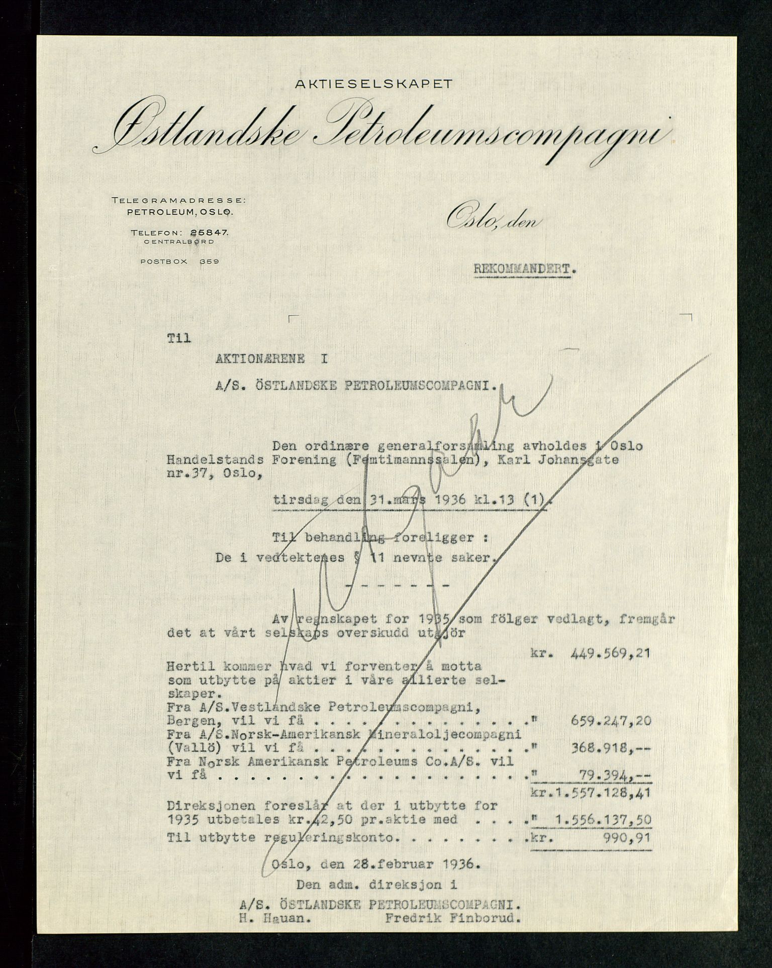 PA 1534 - Østlandske Petroleumscompagni A/S, AV/SAST-A-101954/A/Aa/L0002/0004: Generalforsamlinger. / Generalforsamling, 1936, s. 2