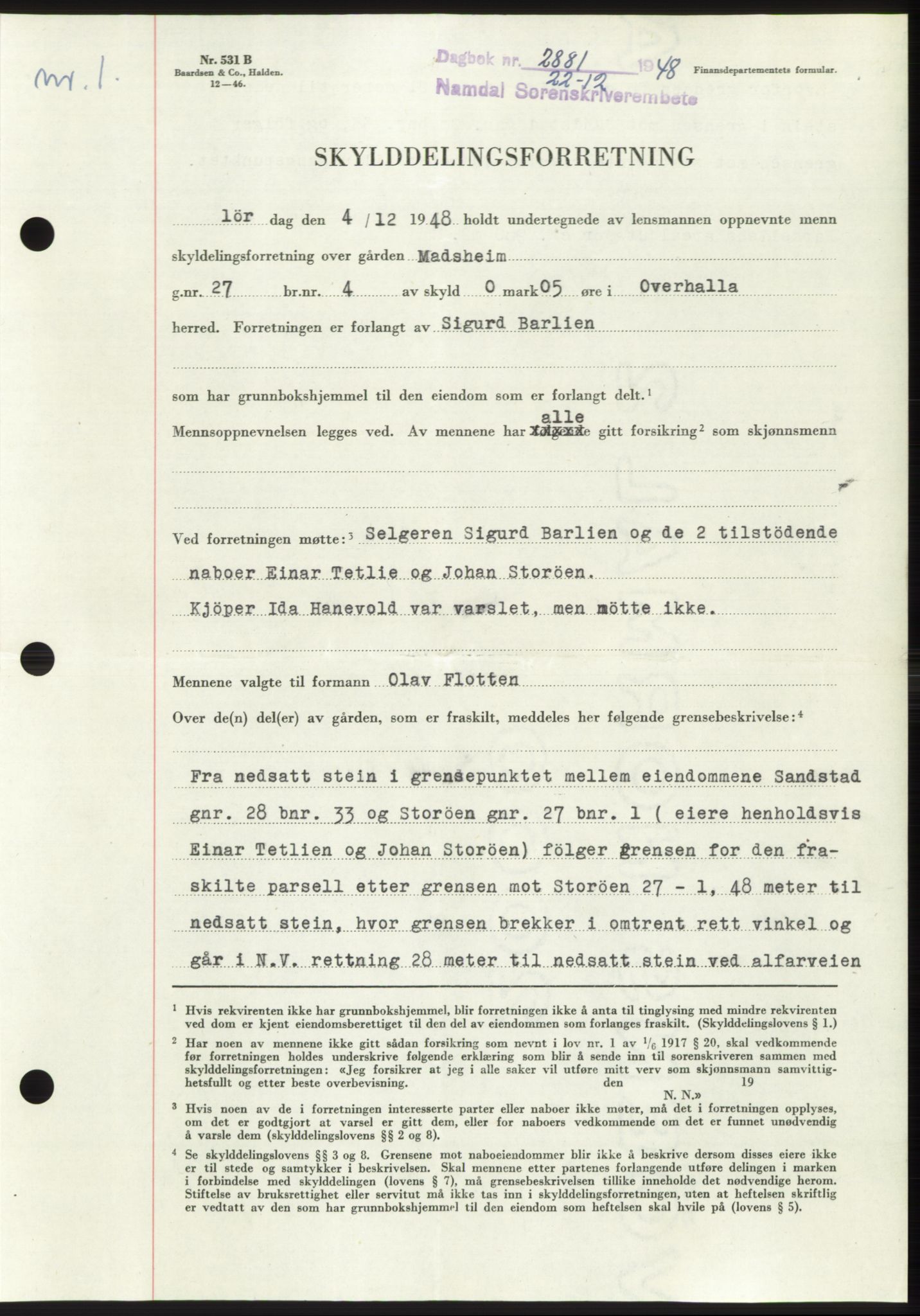 Namdal sorenskriveri, SAT/A-4133/1/2/2C: Pantebok nr. -, 1948-1948, Dagboknr: 2881/1948