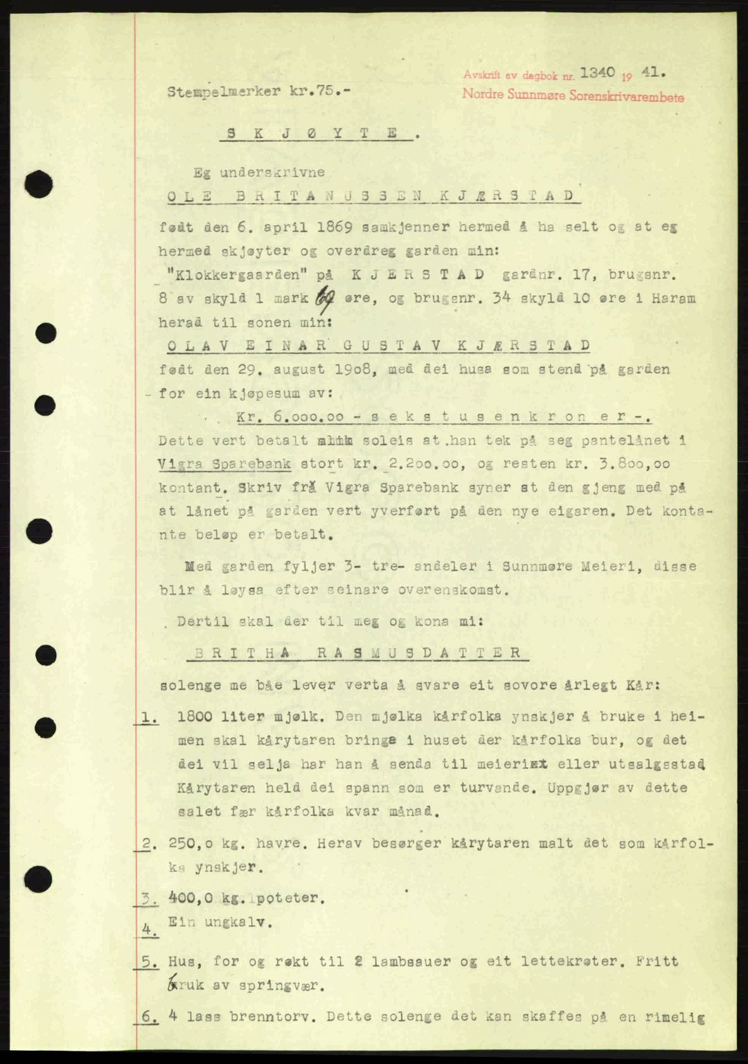 Nordre Sunnmøre sorenskriveri, SAT/A-0006/1/2/2C/2Ca: Pantebok nr. A11, 1941-1941, Dagboknr: 1340/1941