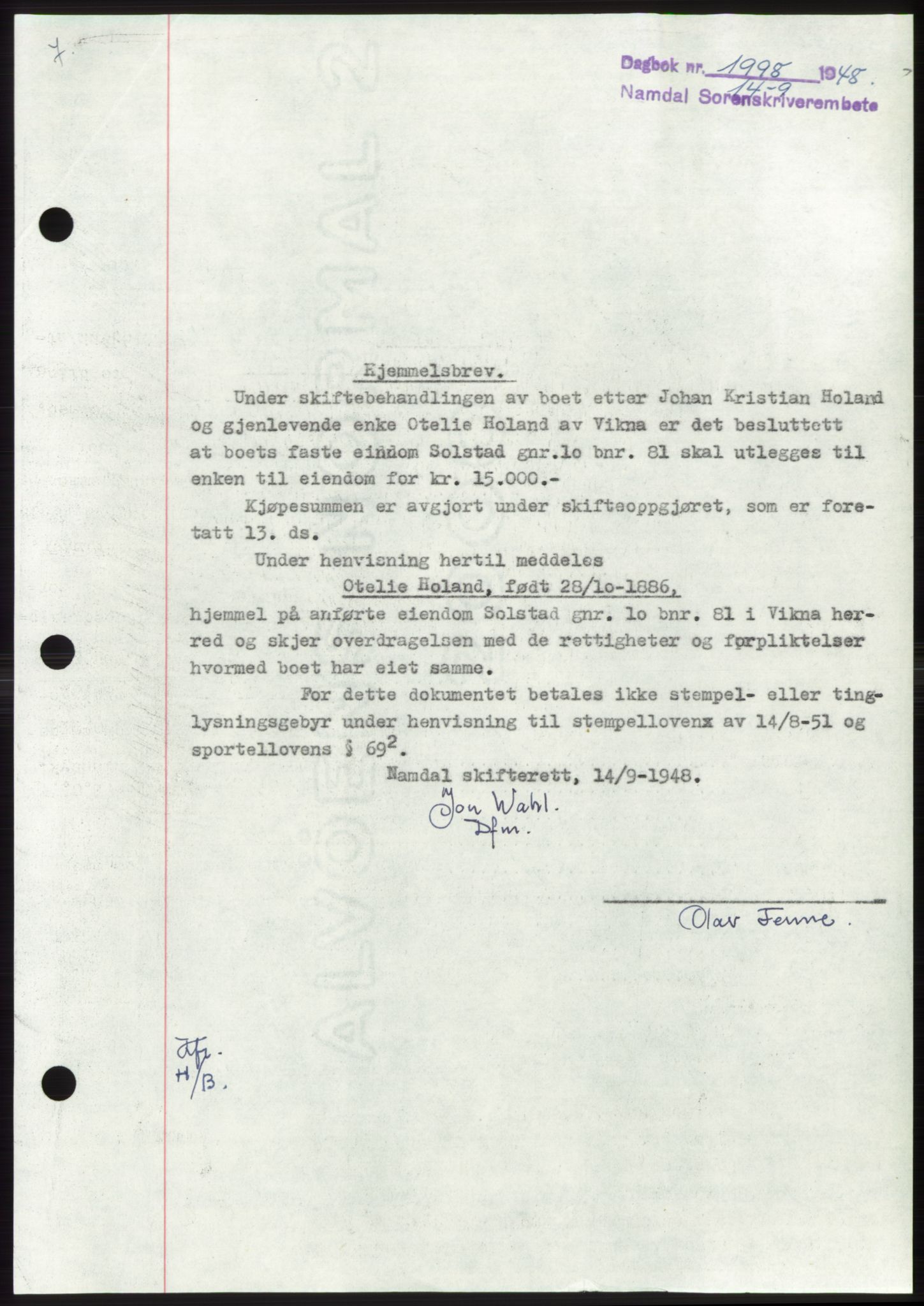 Namdal sorenskriveri, SAT/A-4133/1/2/2C: Pantebok nr. -, 1948-1948, Dagboknr: 1998/1948