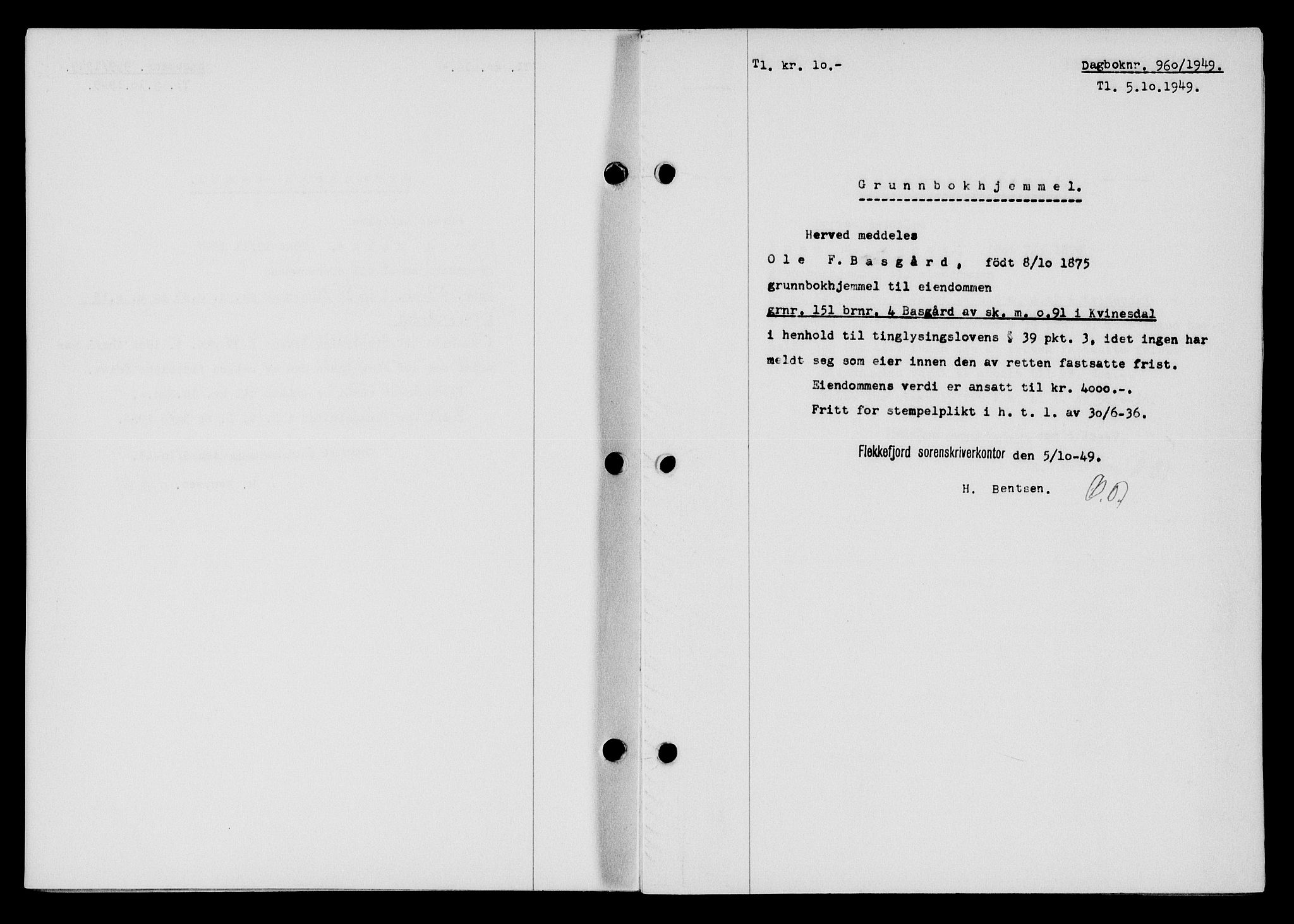 Flekkefjord sorenskriveri, SAK/1221-0001/G/Gb/Gba/L0065: Pantebok nr. A-13, 1949-1949, Dagboknr: 960/1949