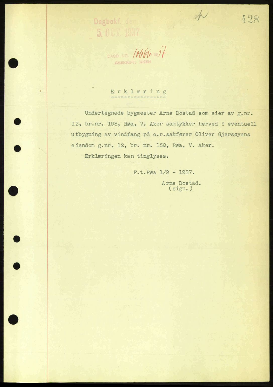 Aker herredsskriveri, SAO/A-10896/G/Gb/Gba/Gbab/L0017: Pantebok nr. A148, 1937-1937, Dagboknr: 10666/1937