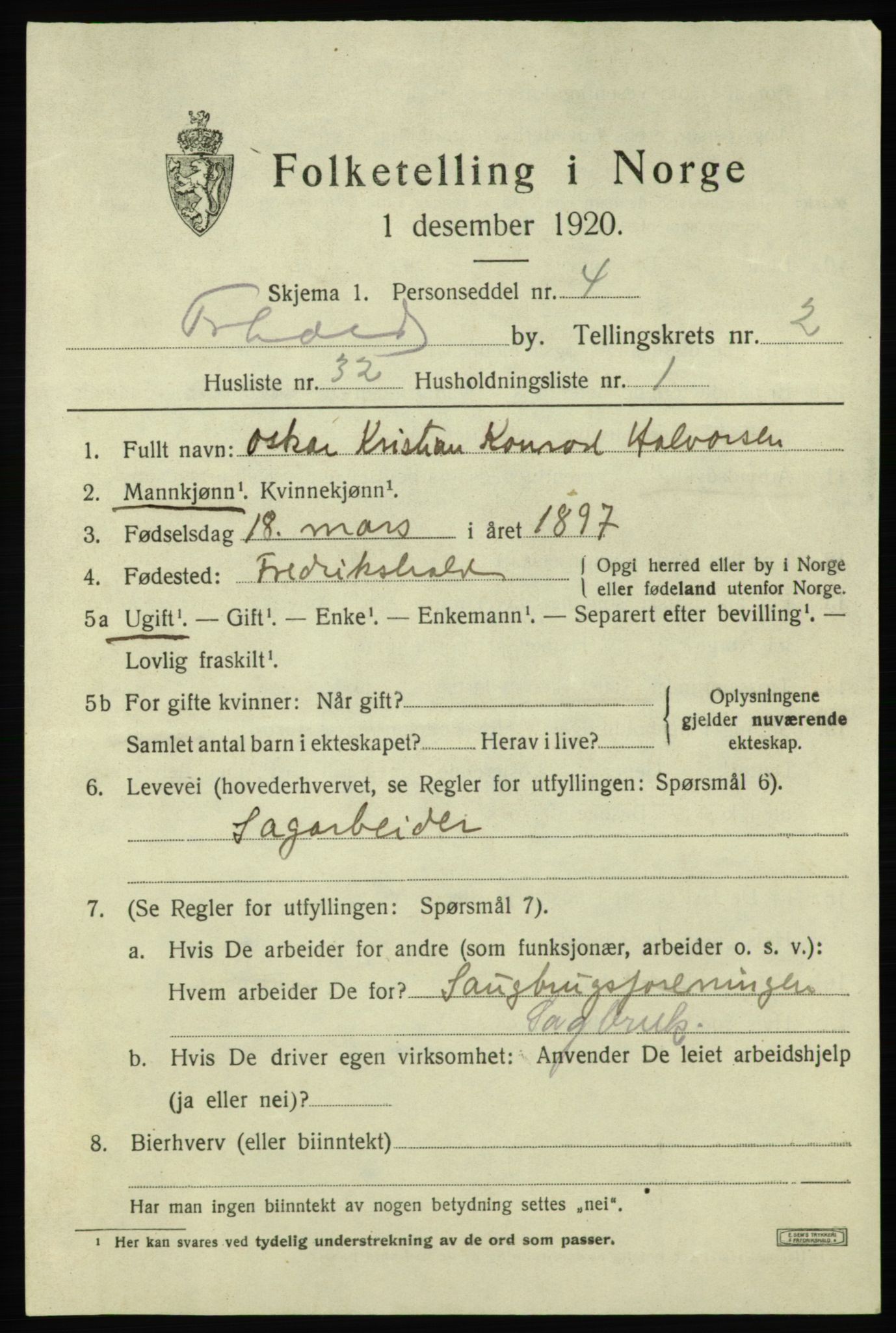SAO, Folketelling 1920 for 0101 Fredrikshald kjøpstad, 1920, s. 10105