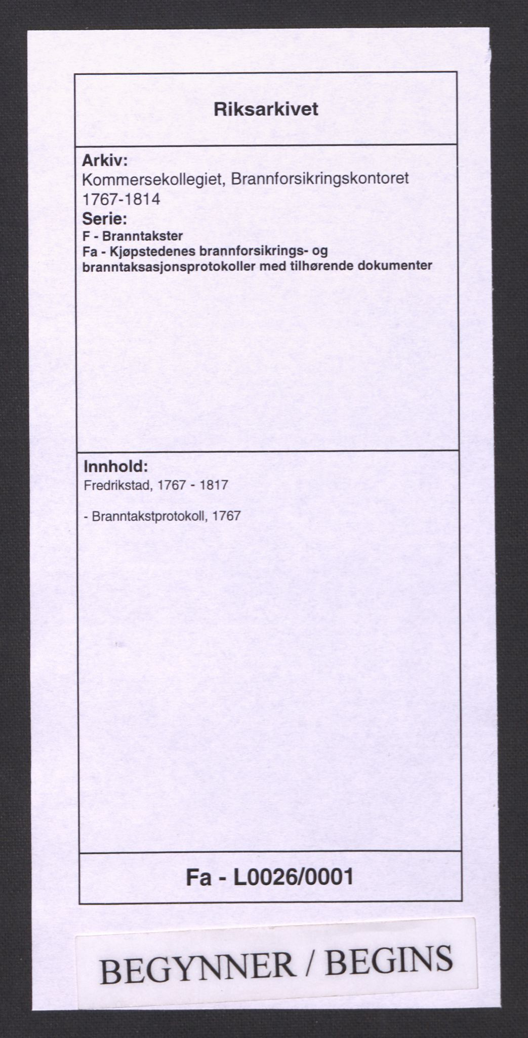 Kommersekollegiet, Brannforsikringskontoret 1767-1814, AV/RA-EA-5458/F/Fa/L0026/0001: Fredrikstad / Branntakstprotokoll, 1767