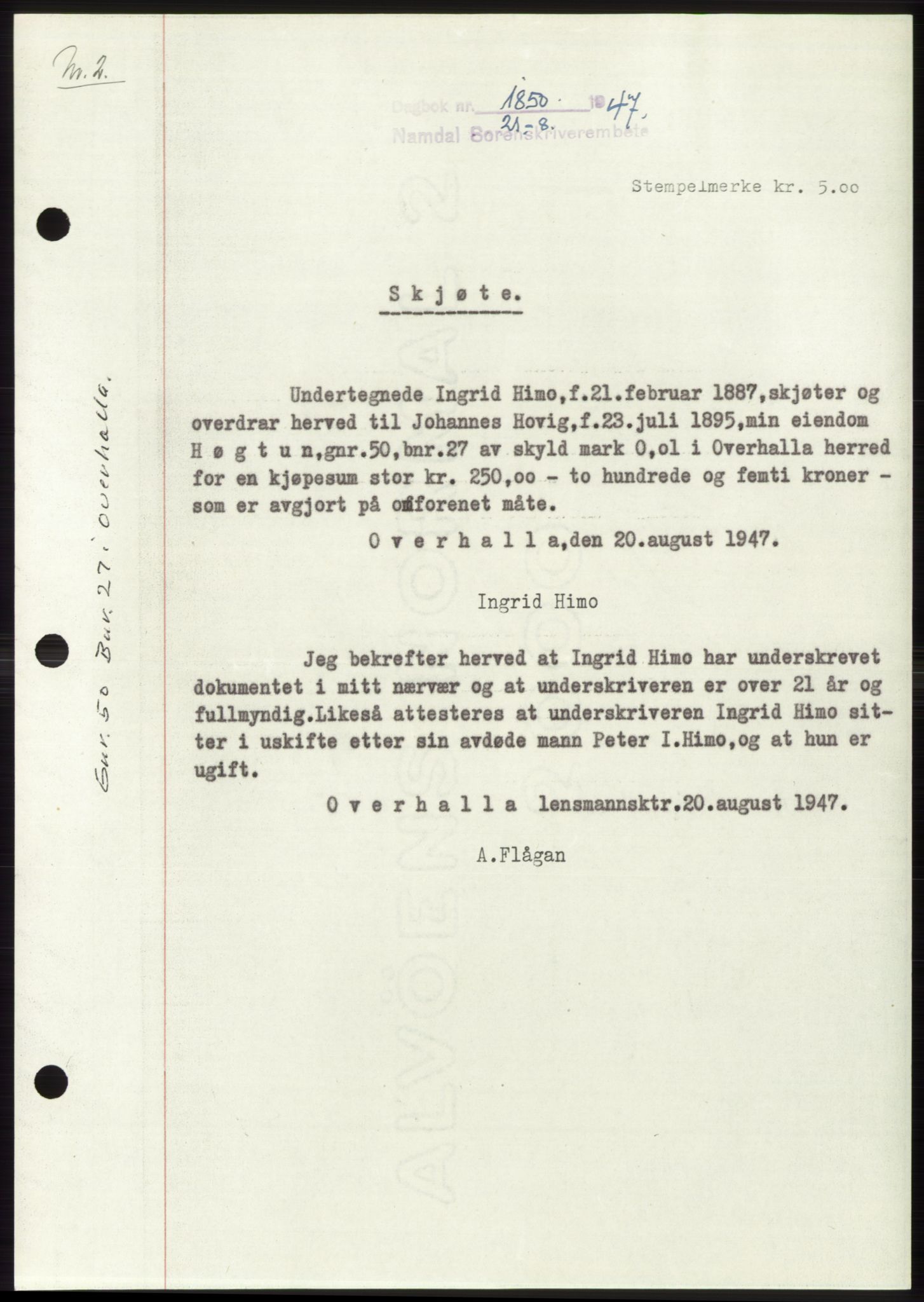 Namdal sorenskriveri, SAT/A-4133/1/2/2C: Pantebok nr. -, 1947-1947, Dagboknr: 1850/1947