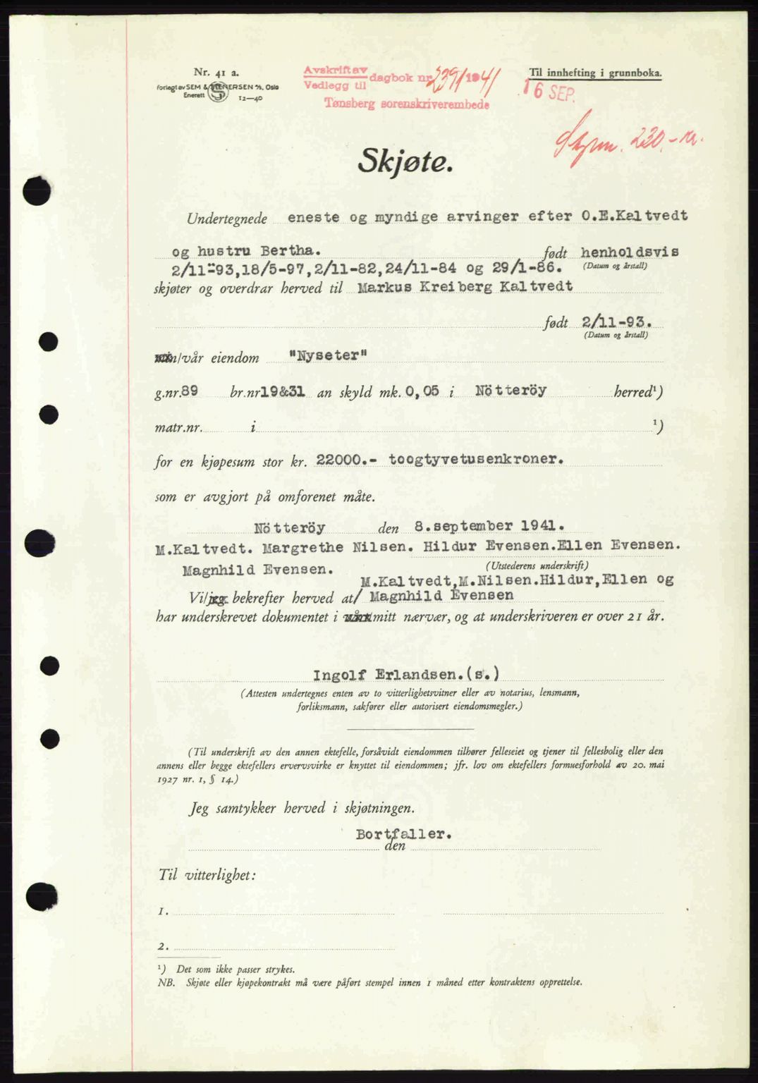 Tønsberg sorenskriveri, AV/SAKO-A-130/G/Ga/Gaa/L0010: Pantebok nr. A10, 1941-1941, Dagboknr: 2391/1941