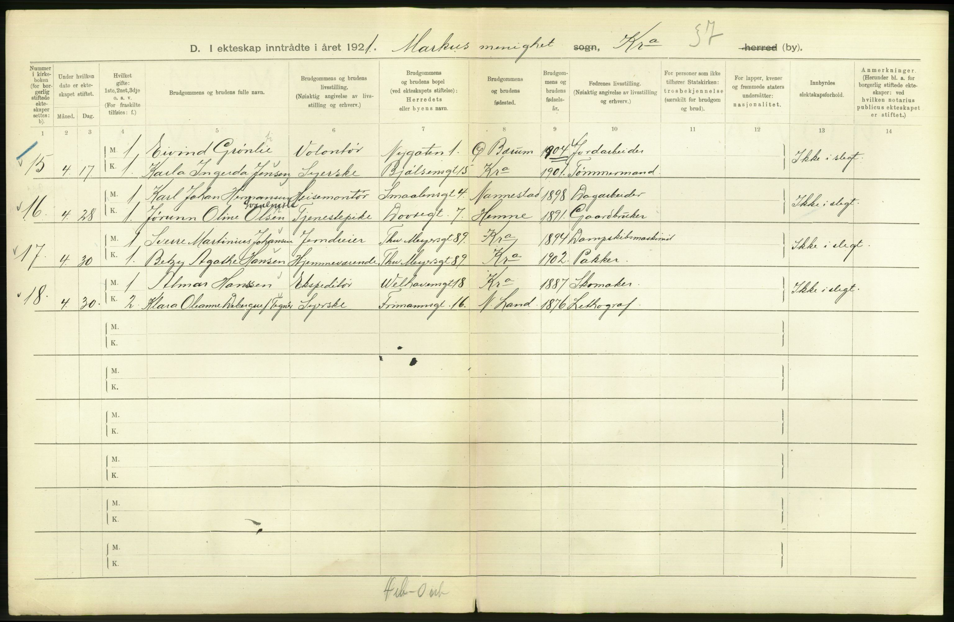 Statistisk sentralbyrå, Sosiodemografiske emner, Befolkning, AV/RA-S-2228/D/Df/Dfc/Dfca/L0011: Kristiania: Gifte, 1921, s. 354