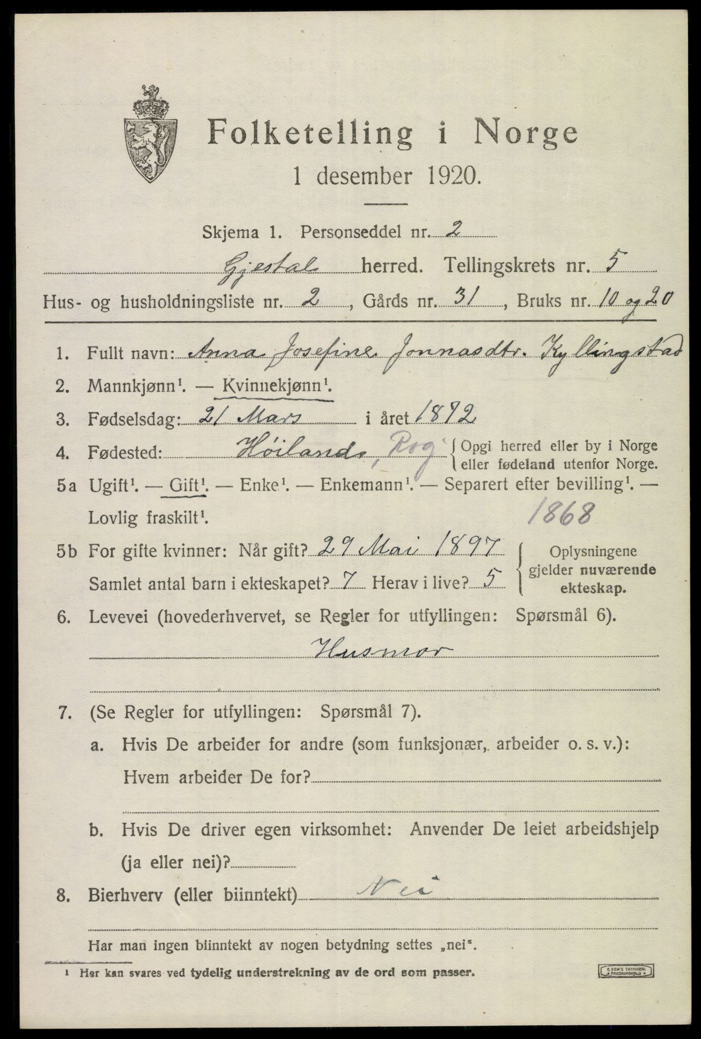 SAST, Folketelling 1920 for 1122 Gjesdal herred, 1920, s. 3110