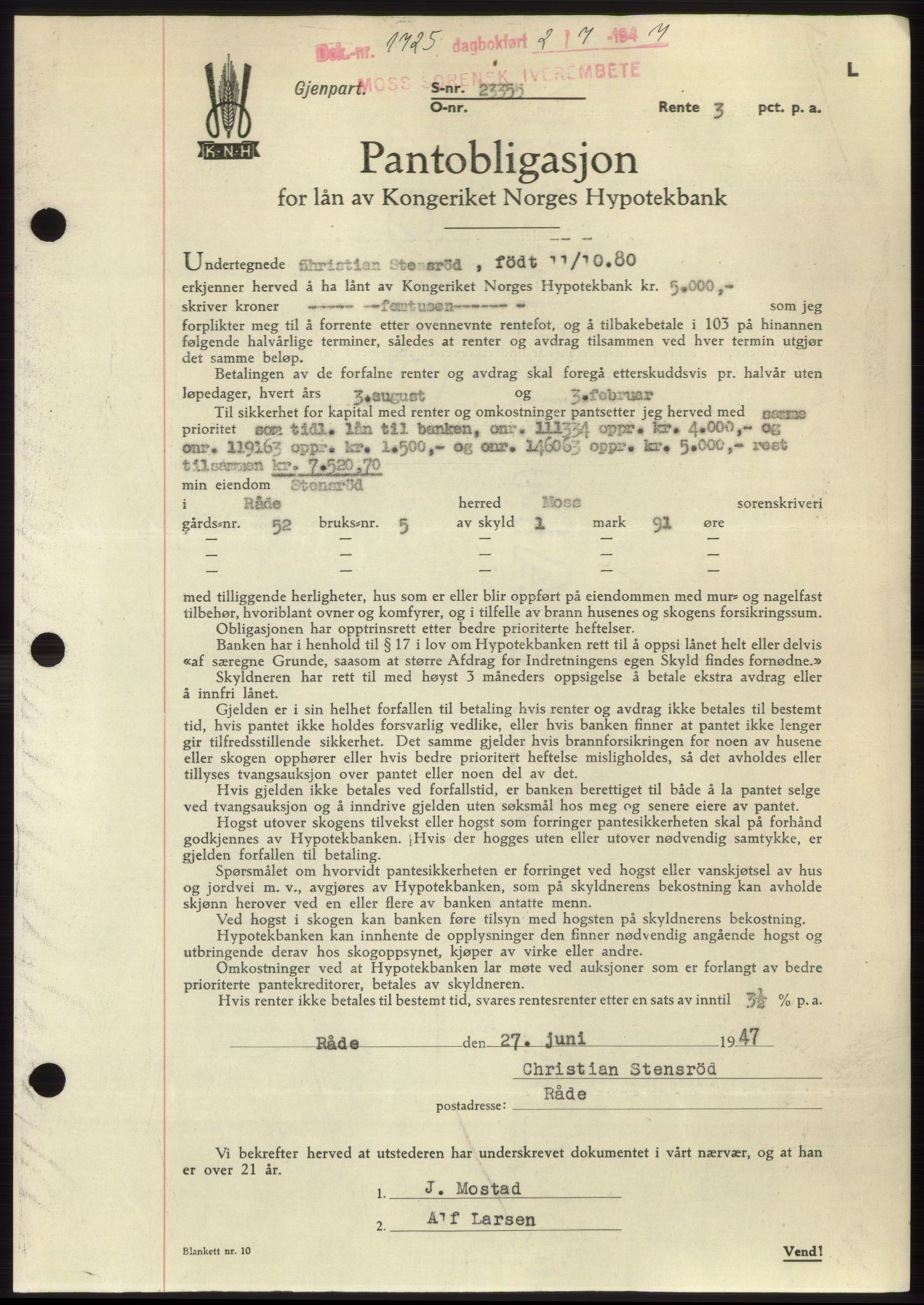 Moss sorenskriveri, SAO/A-10168: Pantebok nr. B17, 1947-1947, Dagboknr: 1725/1947